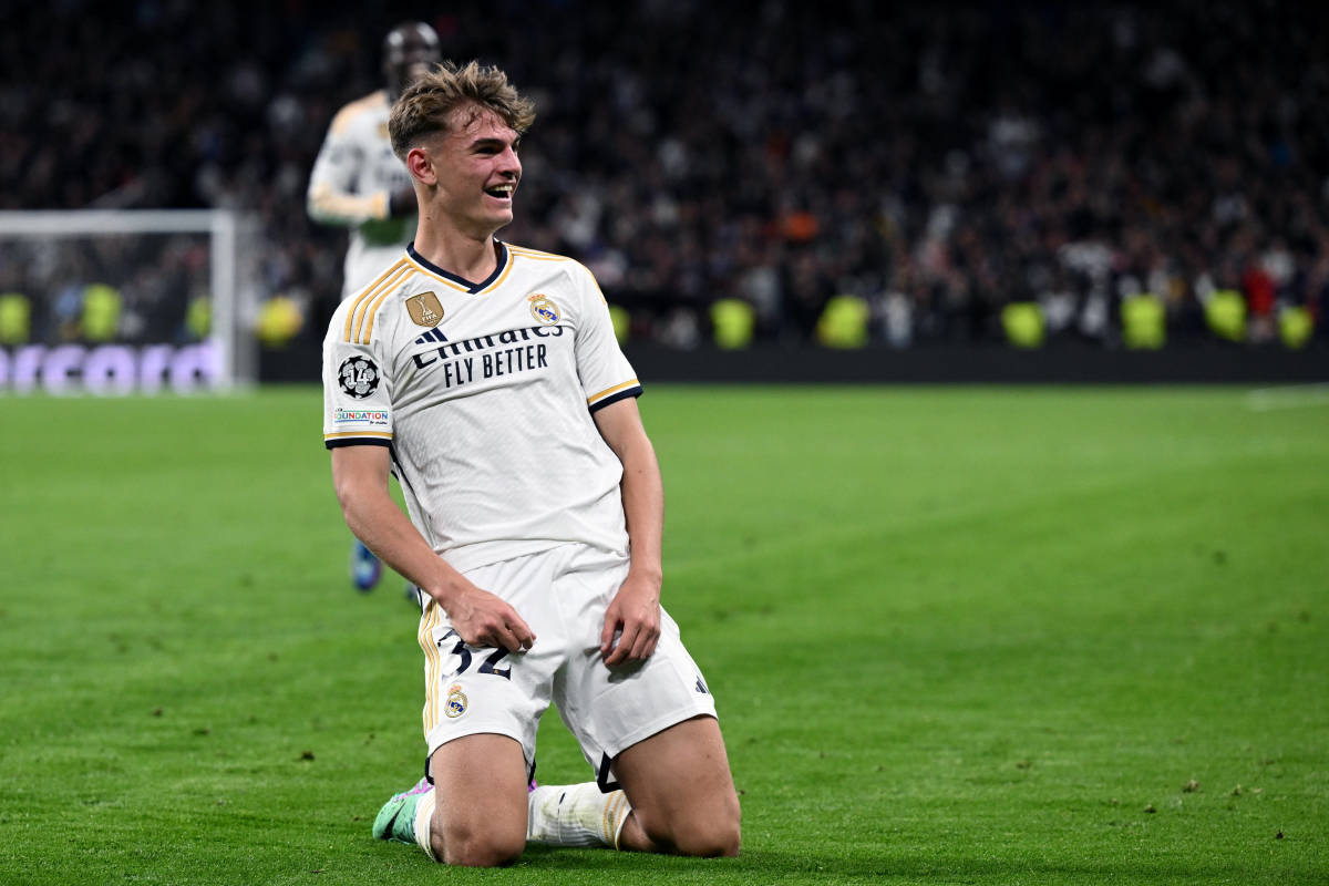 Nico Paz pictured celebrating after scoring the first goal of his Real Madrid career during a 4-2 win over Napoli in the UEFA Champions League in November 2023