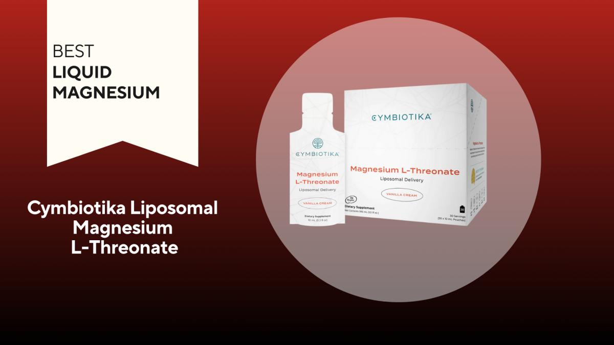 An image of a box and individual packet of Cymbiotika Liposomal Magnesium against a red background.