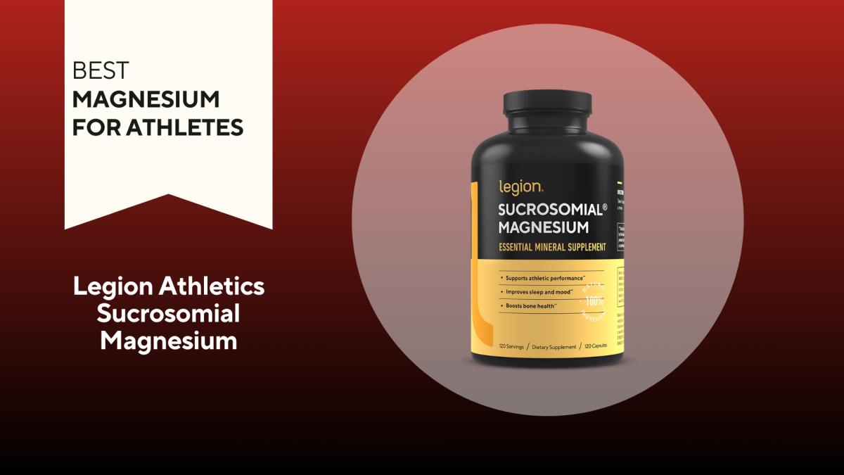 An image of a bottle of Legion Athletics Sucrosomial Magnesium against a red background.