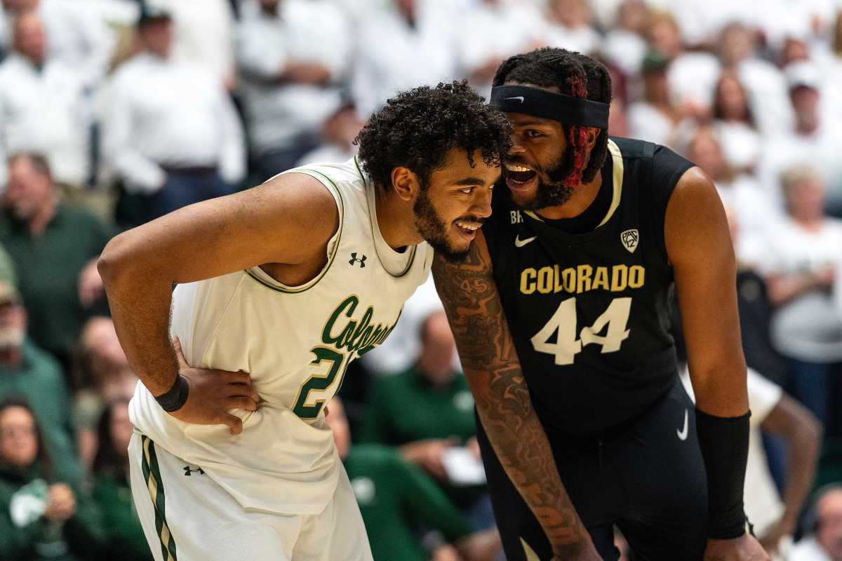 Colorado State University's Rashaan Mbemba(21) jokes with CU's Eddie Lampkin, Jr.(44) during a game against CU at Moby Arena in Fort Collins, Colo., on Wednesday, Nov. 29, 2023
