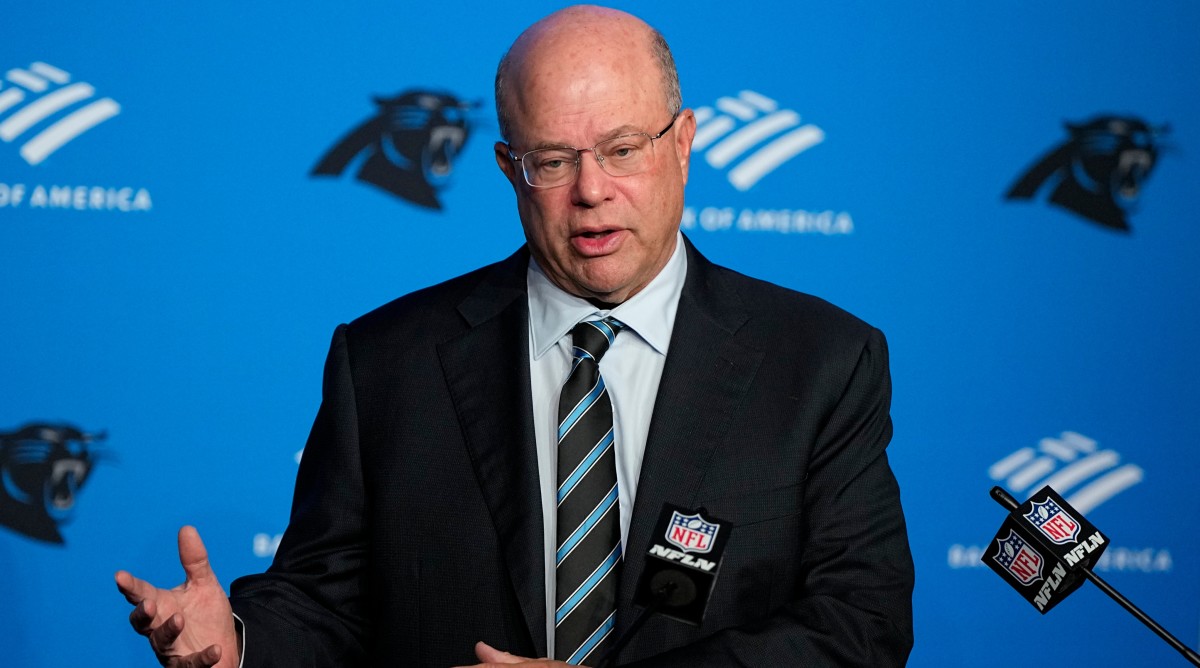 Panthers owner David Tepper speaks to reporters during a press conference.