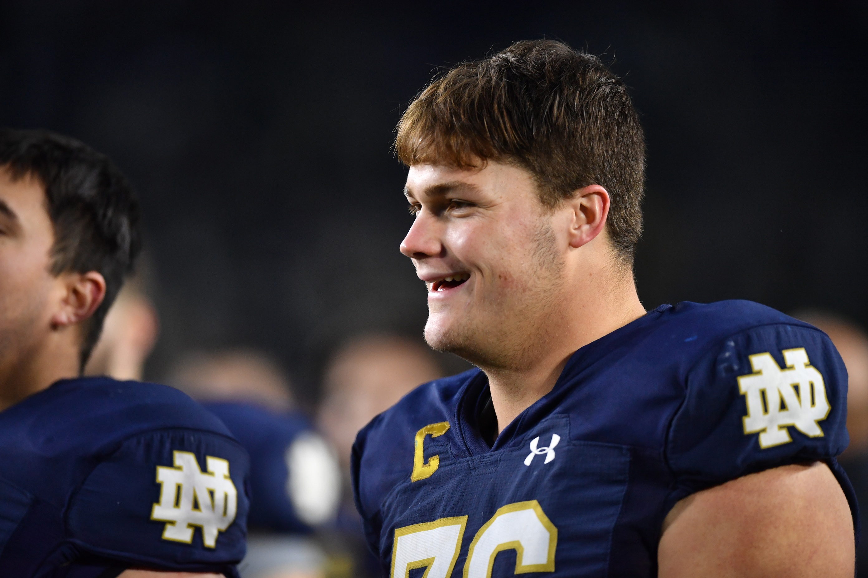 Oct 28, 2023; South Bend, Indiana, USA; Notre Dame Fighting Irish offensive lineman Joe Alt (76) leaves the field following the game against the Pittsburgh Panthers at Notre Dame Stadium.