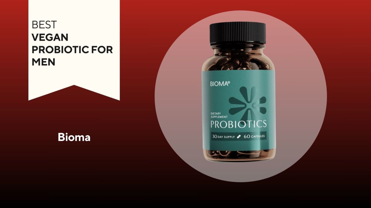 Brown pill bottle with green label that reads "BIOMA PROBIOTICS" in white writing against a red background, our pick for the best vegan probiotic for men
