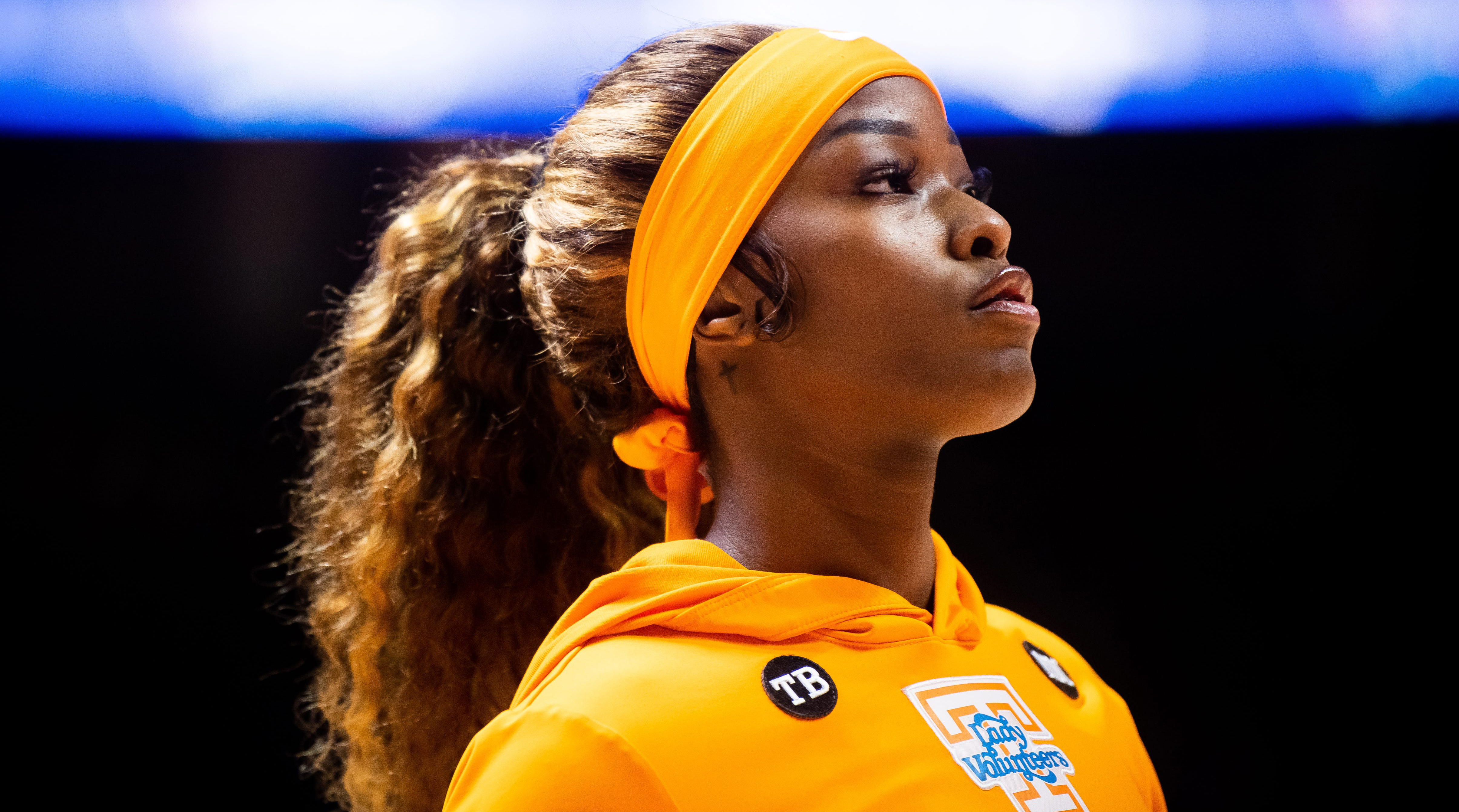 A close-up of Tennessee forward Rickea Jackson warming up before a game between against Florida A&M.