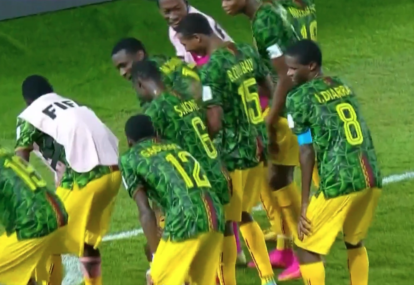 Mali players pictured dancing after scoring a goal in a 3-0 win over Argentina at the U17 World Cup in December 2023