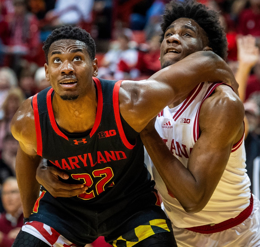 Maryland's Jordan Geronimo (22) blocks out Indiana's Kaleb Banks (10) during the first half of the Indiana versus Maryland men's basketball game at Simon Skjodt Assembly Hall.