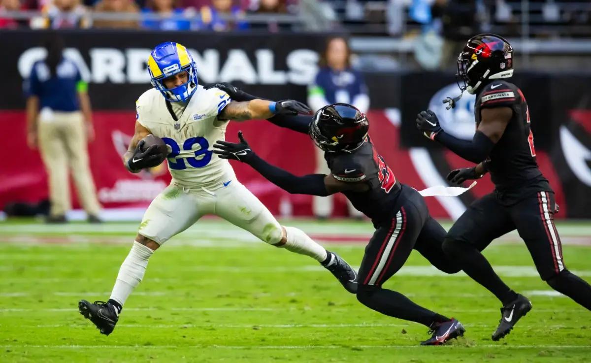 Nov 26, 2023; Glendale, Arizona, USA; Los Angeles Rams running back Kyren Williams (23) against the Arizona Cardinals in the first half at State Farm Stadium.