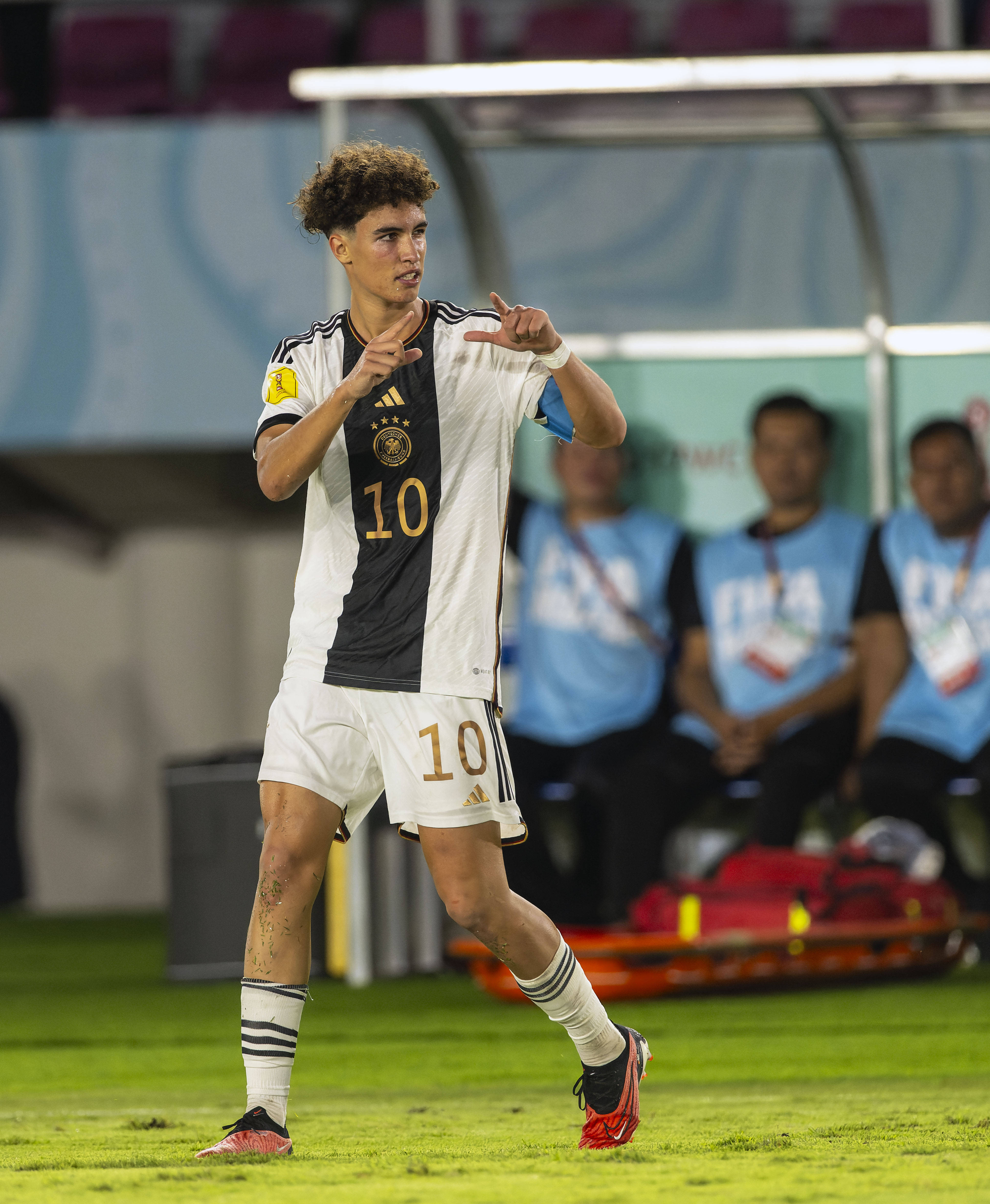 Noah Darvich pictured celebrating after scoring for Germany against France in the final of the 2023 FIFA U17 World Cup