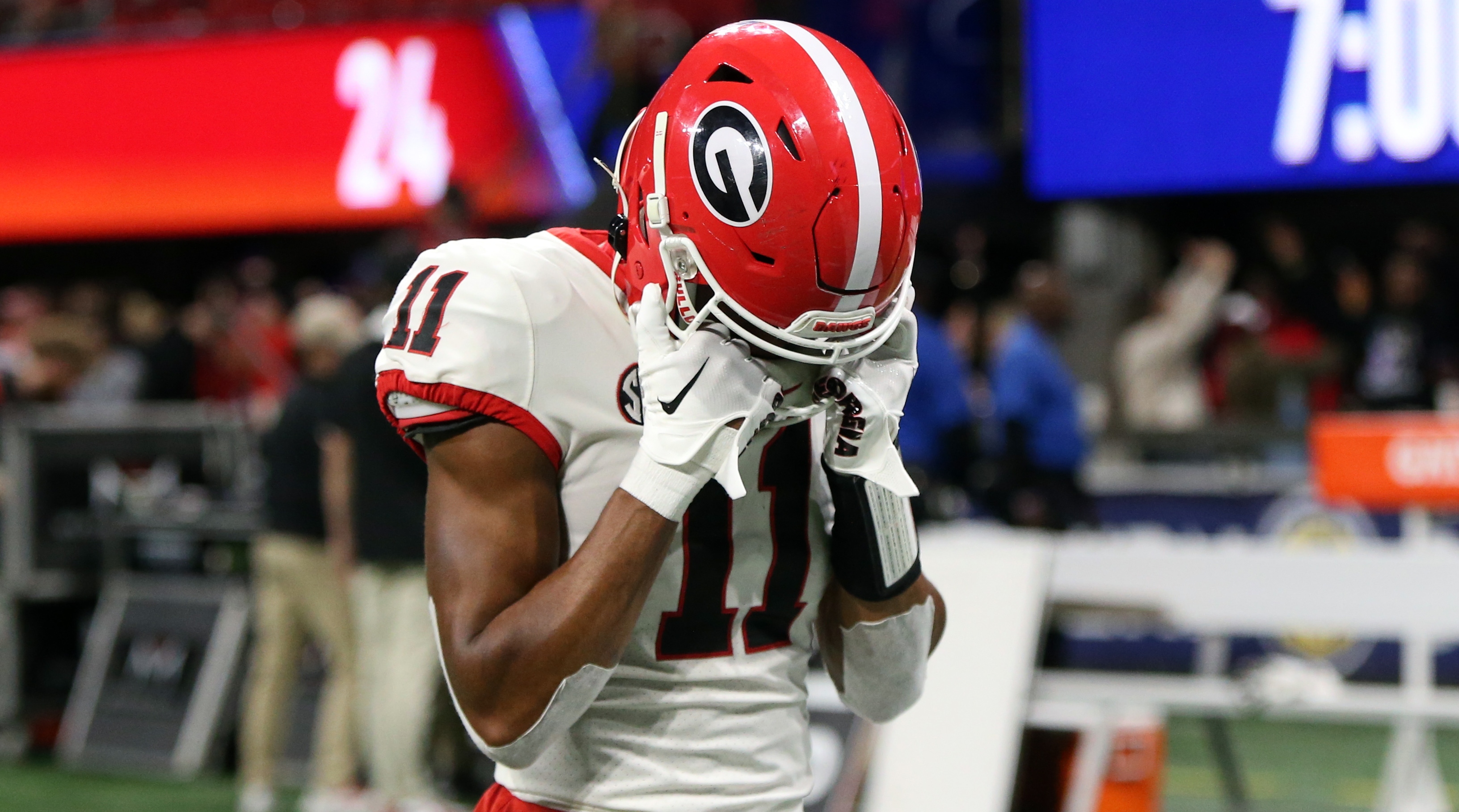 Georgia wide receiver Arian Smith (11) reacts after the SEC championship game loss to Alabama.