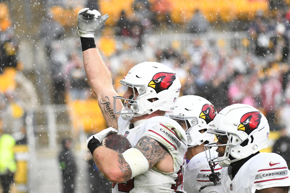 Arizona Cardinals tight end Trey McBride (85) celebrates a touchdown against the Pittsburgh Steelers during the second quarter at Acrisure Stadium.