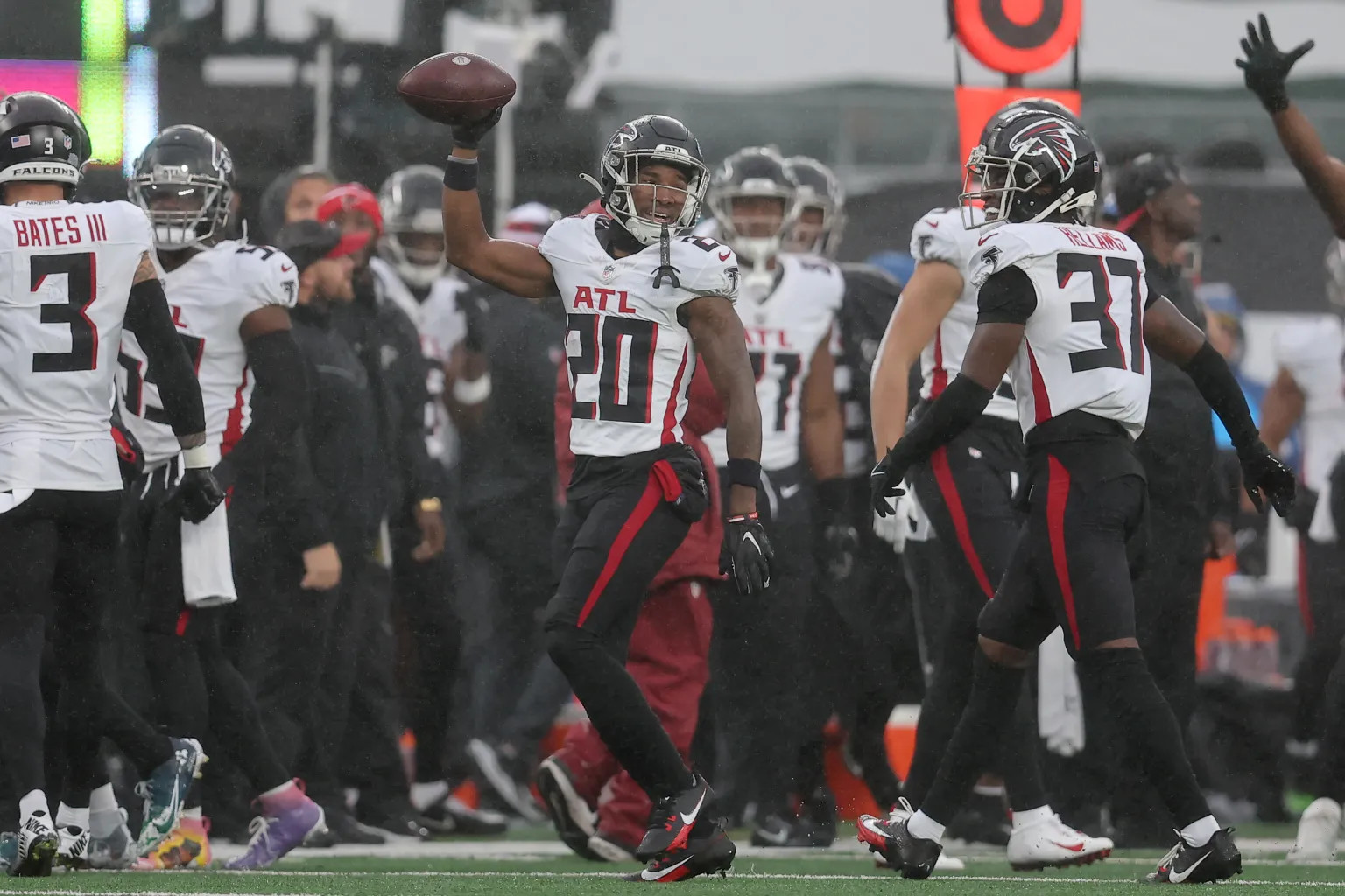 Dec 3, 2023; East Rutherford, New Jersey, USA; Atlanta Falcons cornerback Dee Alford (20) celebrates a fumble recovery against the New York Jets during the second quarter at MetLife Stadium.