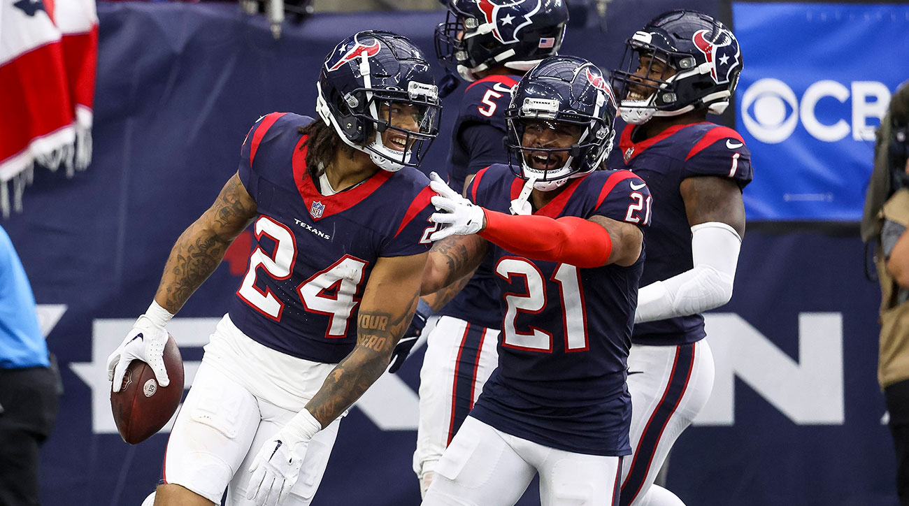 Derek Stingley Jr. celebrates with teammates after making an interception