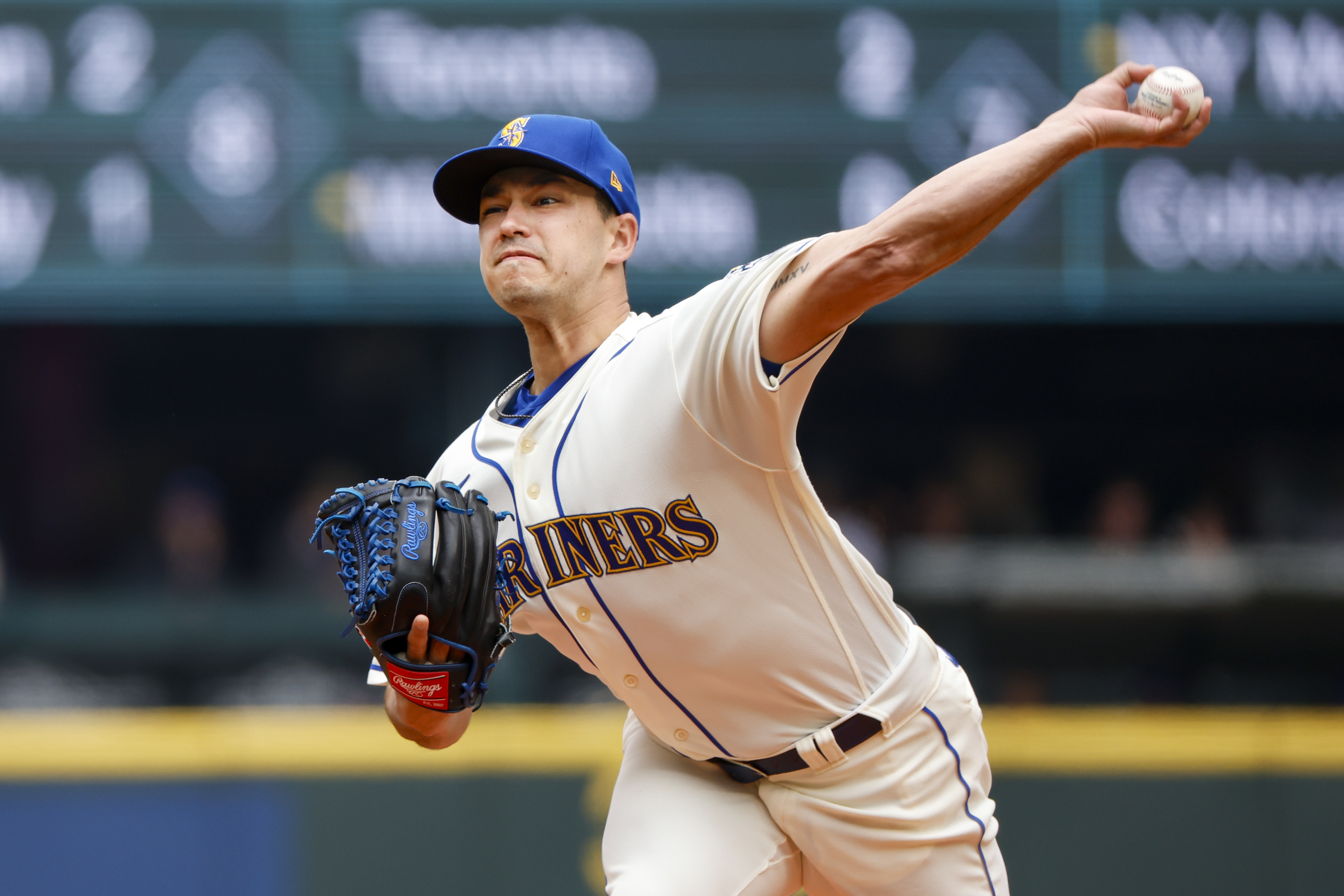 May 28, 2023; Seattle, Washington, USA; Seattle Mariners starting pitcher Marco Gonzales (7) throws against the Pittsburgh Pirates during the first inning at T-Mobile Park. Mandatory Credit: Joe Nicholson-USA TODAY Sports  