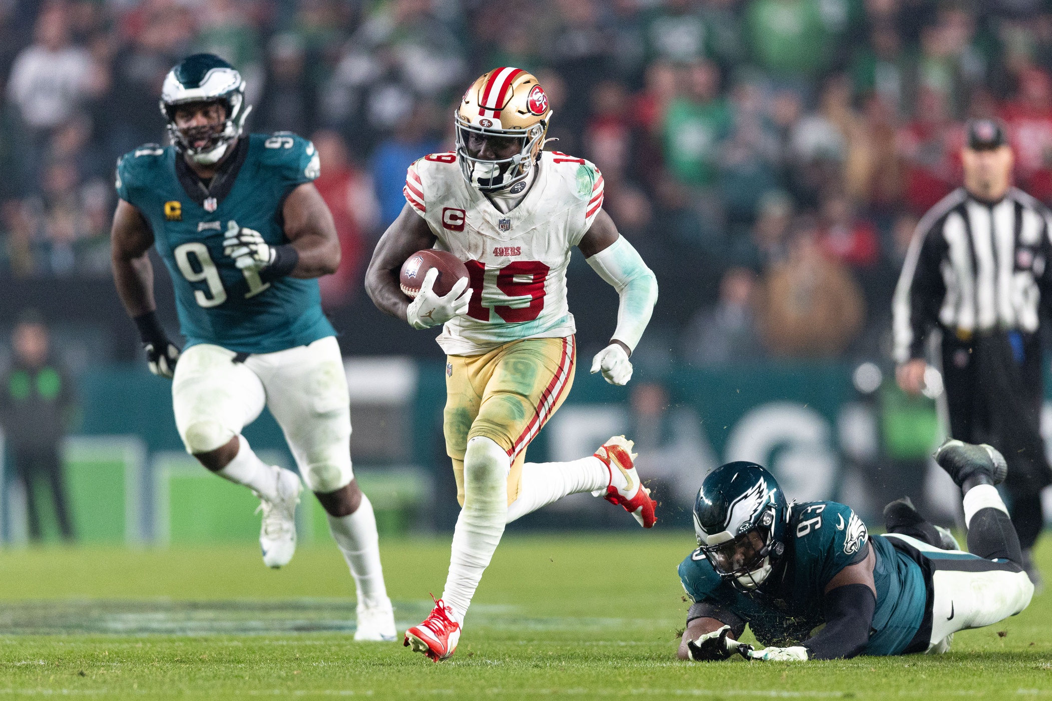Niners receiver Deebo Samuel was unstoppable against the Eagles, scoring three touchdowns in the NFL title game rematch in Week 13.