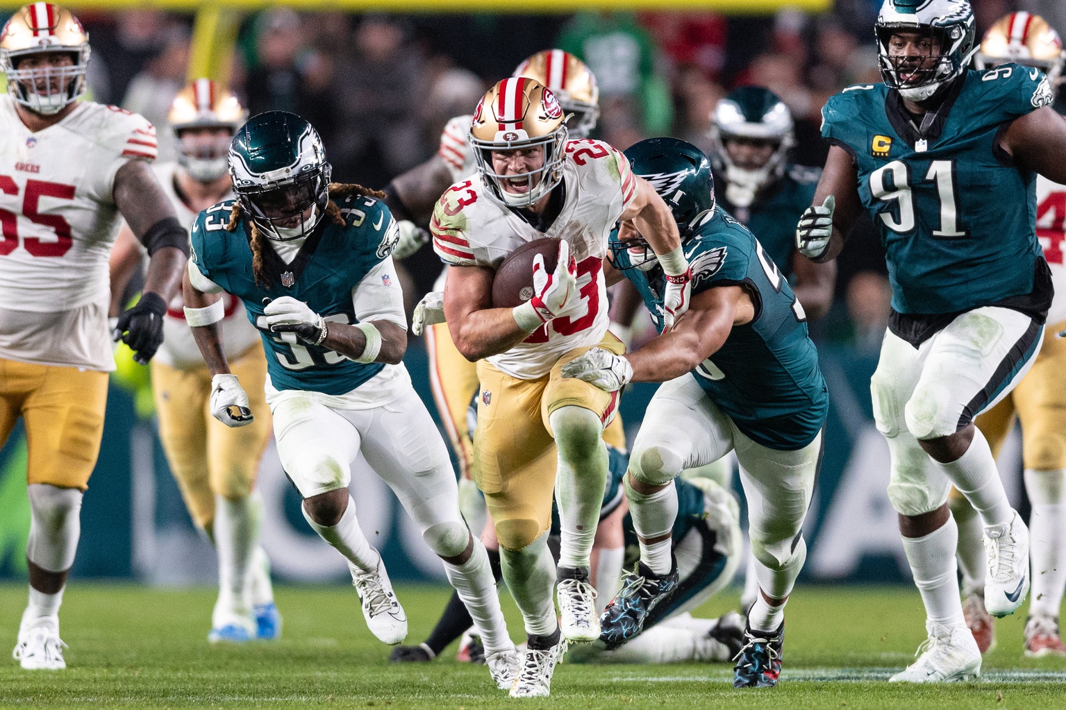 Niners running back Christian McCaffrey rushed for 93 yards and had another 40 yards in receptions against the Eagles in Week 13.