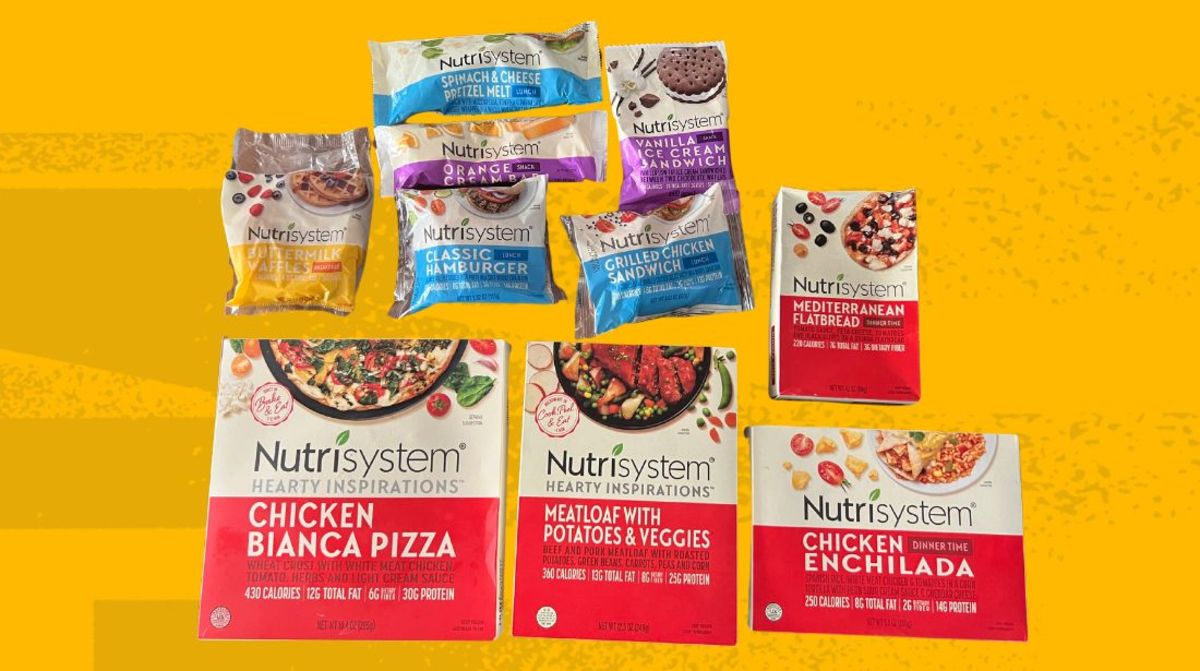 An assortment of Nutrisystem meals and snacks against a yellow background