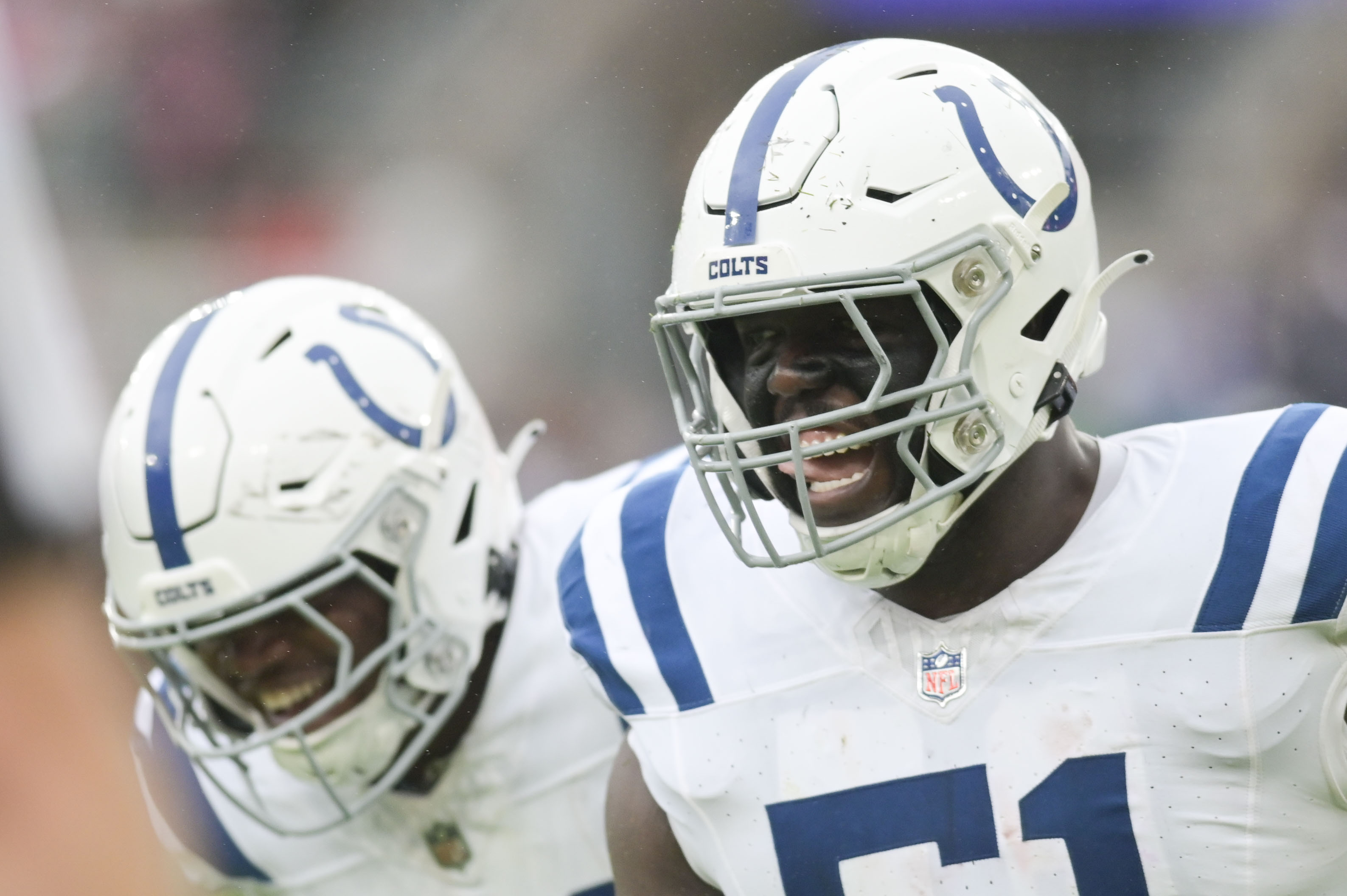 Sep 24, 2023; Baltimore, Maryland, USA; Indianapolis Colts defensive end Kwity Paye (51) reacts after sacking Baltimore Ravens quarterback Lamar Jackson (8) during the first half at M&T Bank Stadium. Mandatory Credit: Tommy Gilligan-USA TODAY Sports