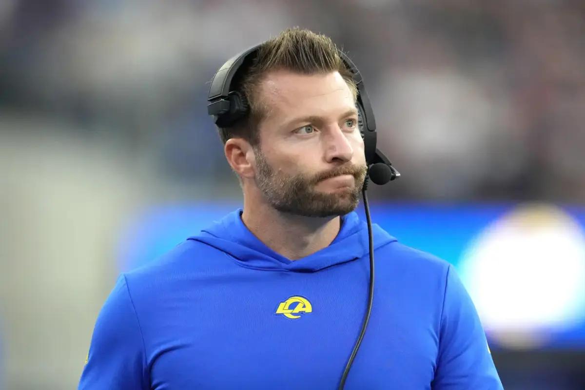 Dec 3, 2023; Inglewood, California, USA; Los Angeles Rams coach Sean McVay reacts against the Cleveland Browns in the second half at SoFi Stadium.