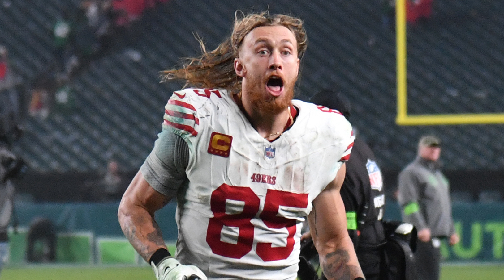 49ers tight end George Kittle walks off the field after win against the Philadelphia Eagles