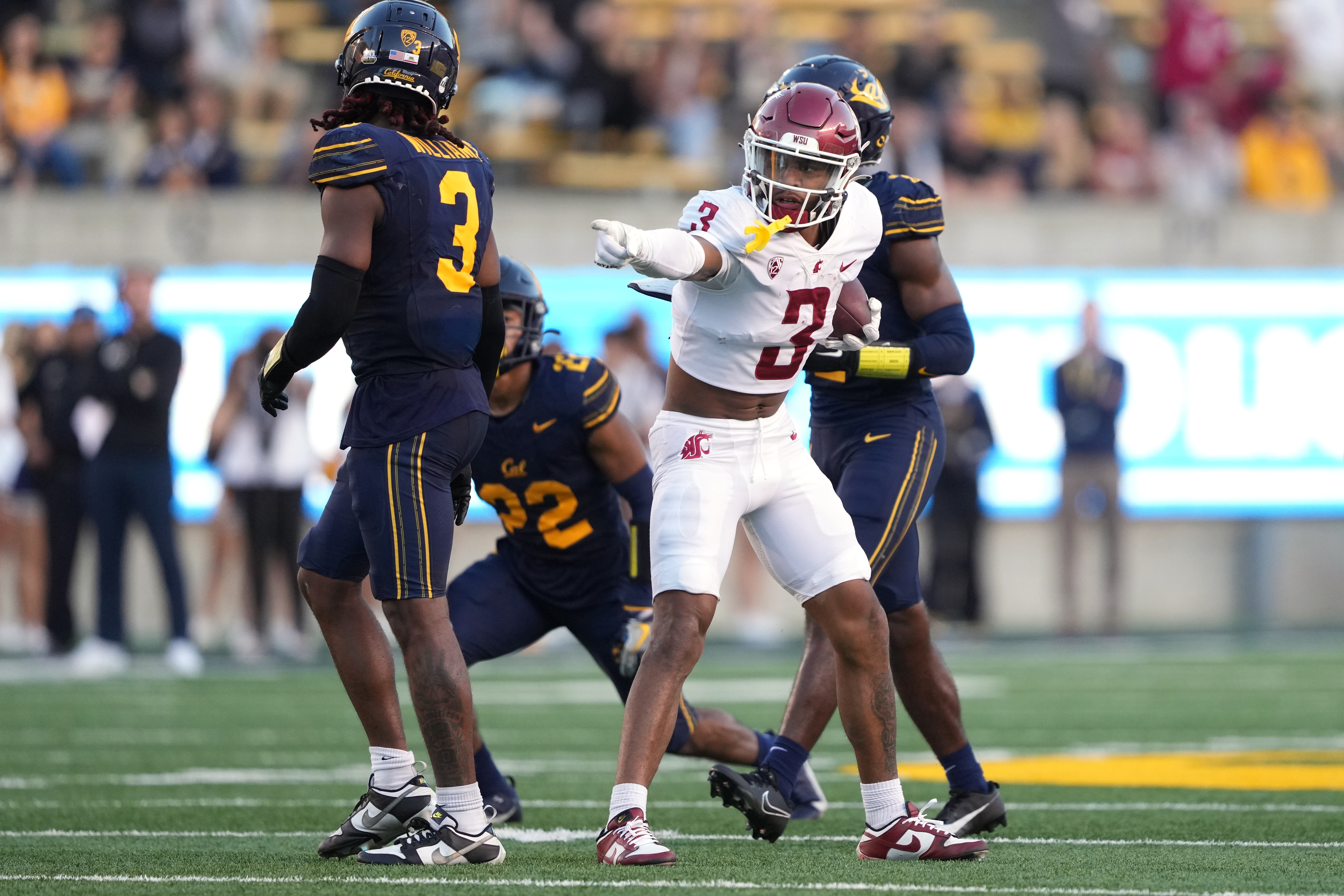 Nov 11, 2023; Berkeley, California, USA; Washington State Cougars wide receiver Josh Kelly (3) gestures after catching a pass against the California Golden Bears during the fourth quarter at California Memorial Stadium. Mandatory Credit: Darren Yamashita-USA TODAY Sports