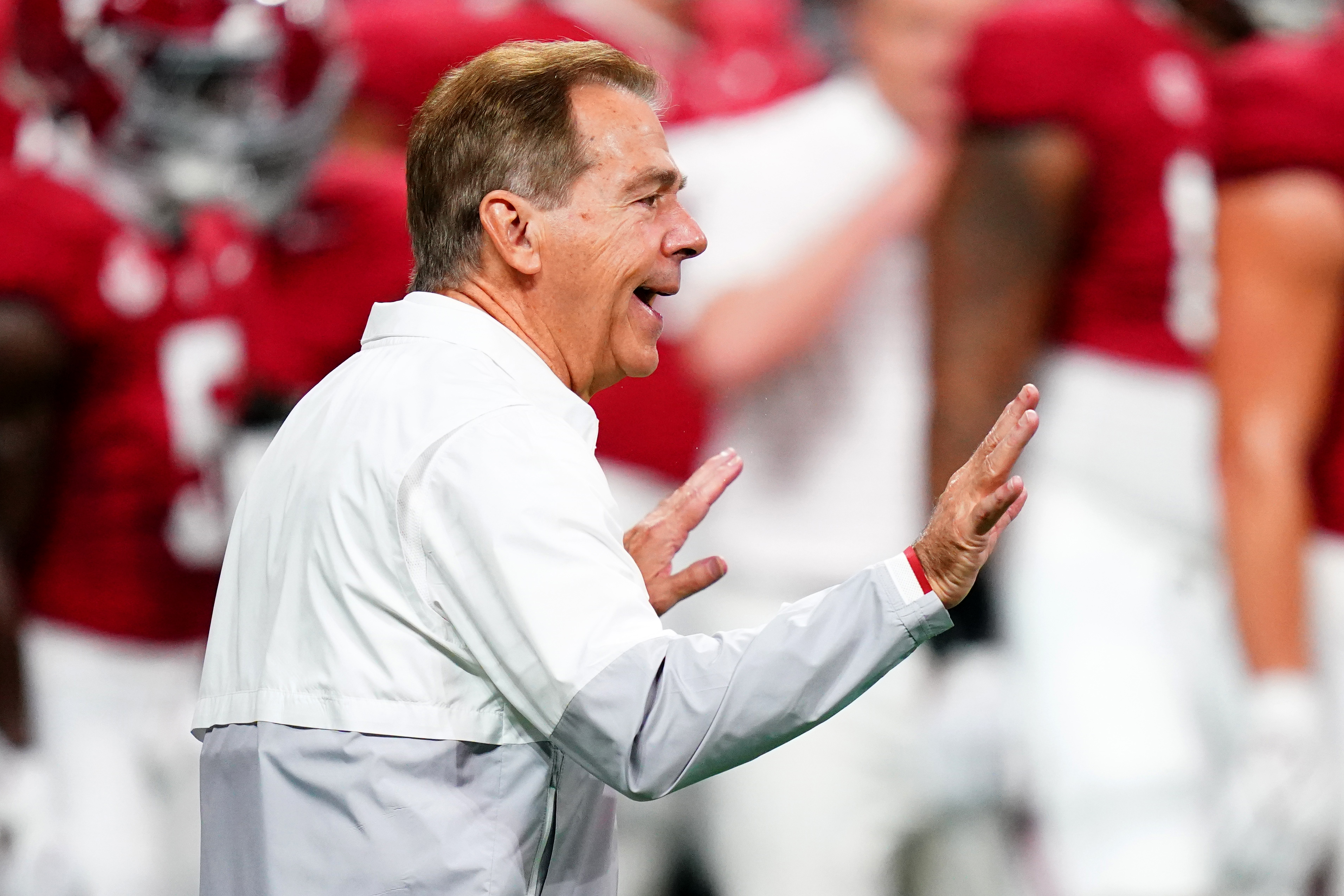 Alabama Crimson Tide head coach Nick Saban looks on before the SEC Championship game against the Georgia Bulldogs at Mercedes-Benz Stadium.