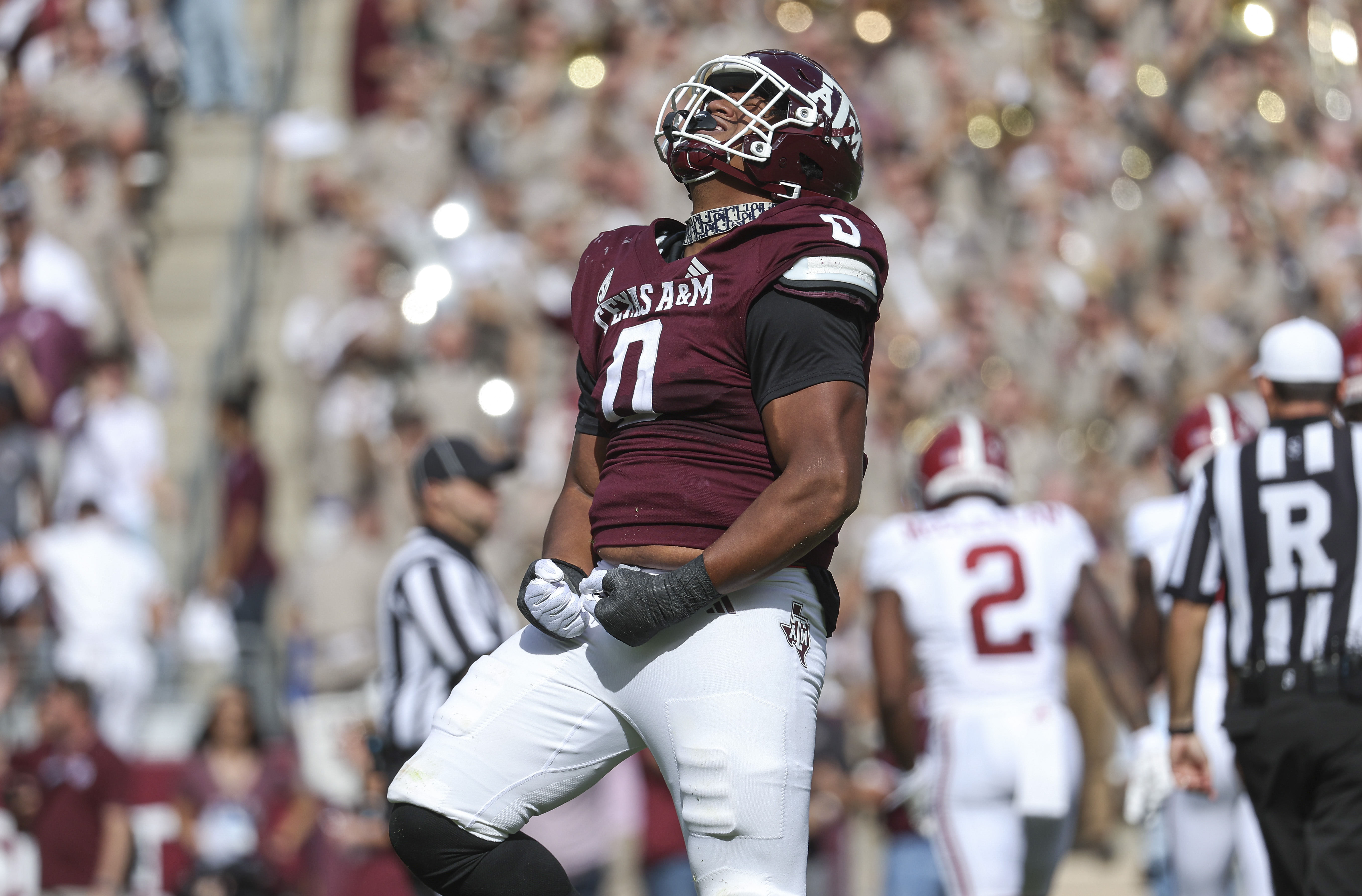 Texas A&M Aggies defensive lineman Walter Nolen (0) reacts after a play during the second quarter against the Alabama Crimson Tide at Kyle Field.