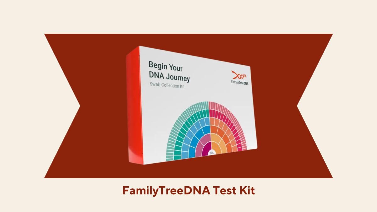 The FamilyTreeDNA Test Kit against a red and beige background