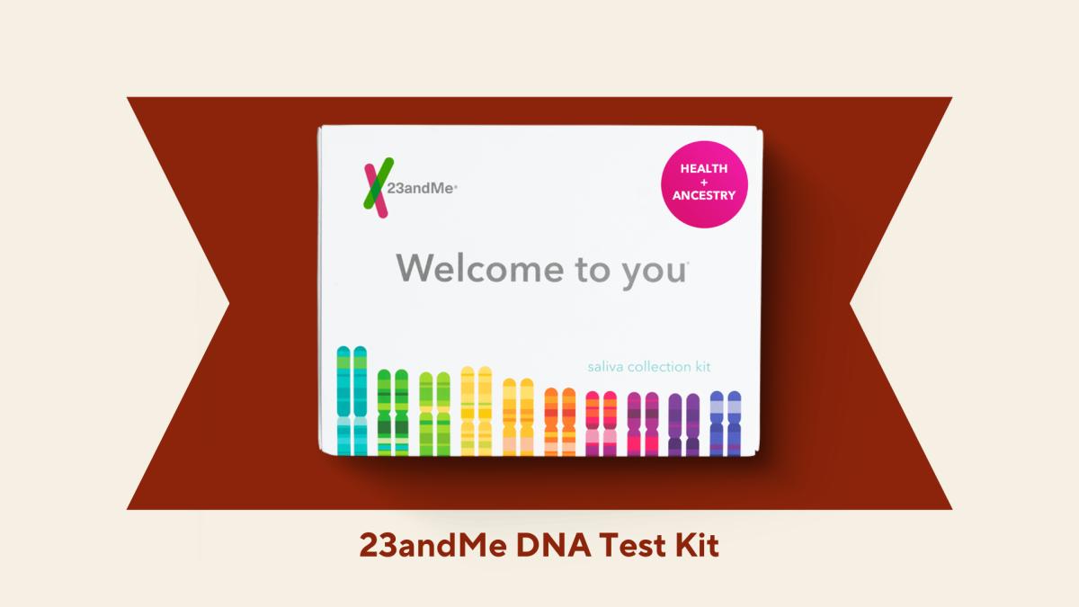 The 23andMe Health + Ancestry Test Kit against a red and beige background