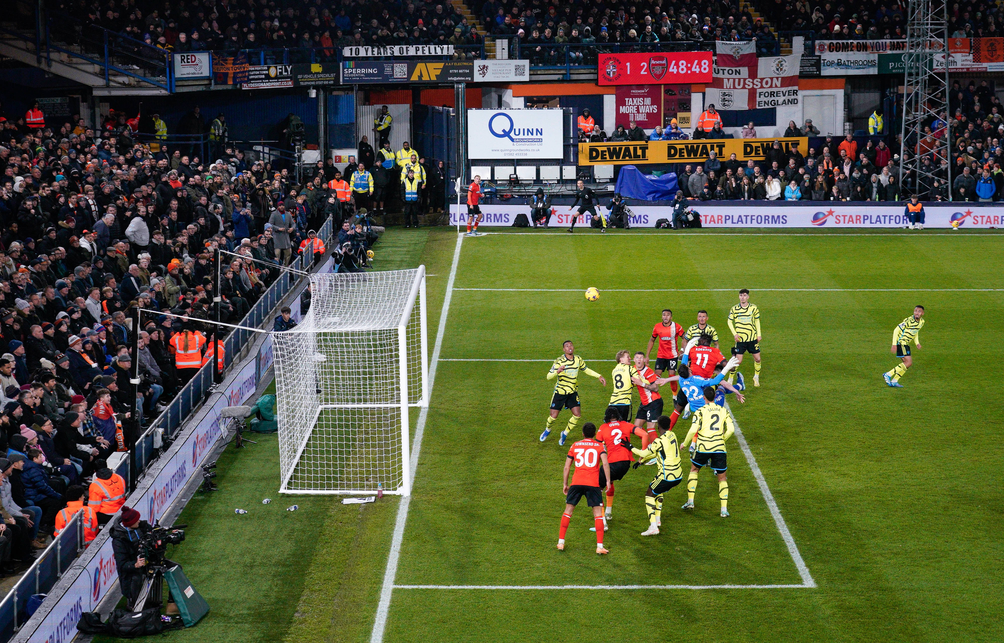Elijah Adebayo pictured (no.11) scoring for Luton Town against Arsenal during a Premier League game in December 2023