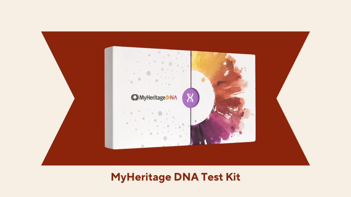 The MyHeritage DNA Test Kit against a red and beige background
