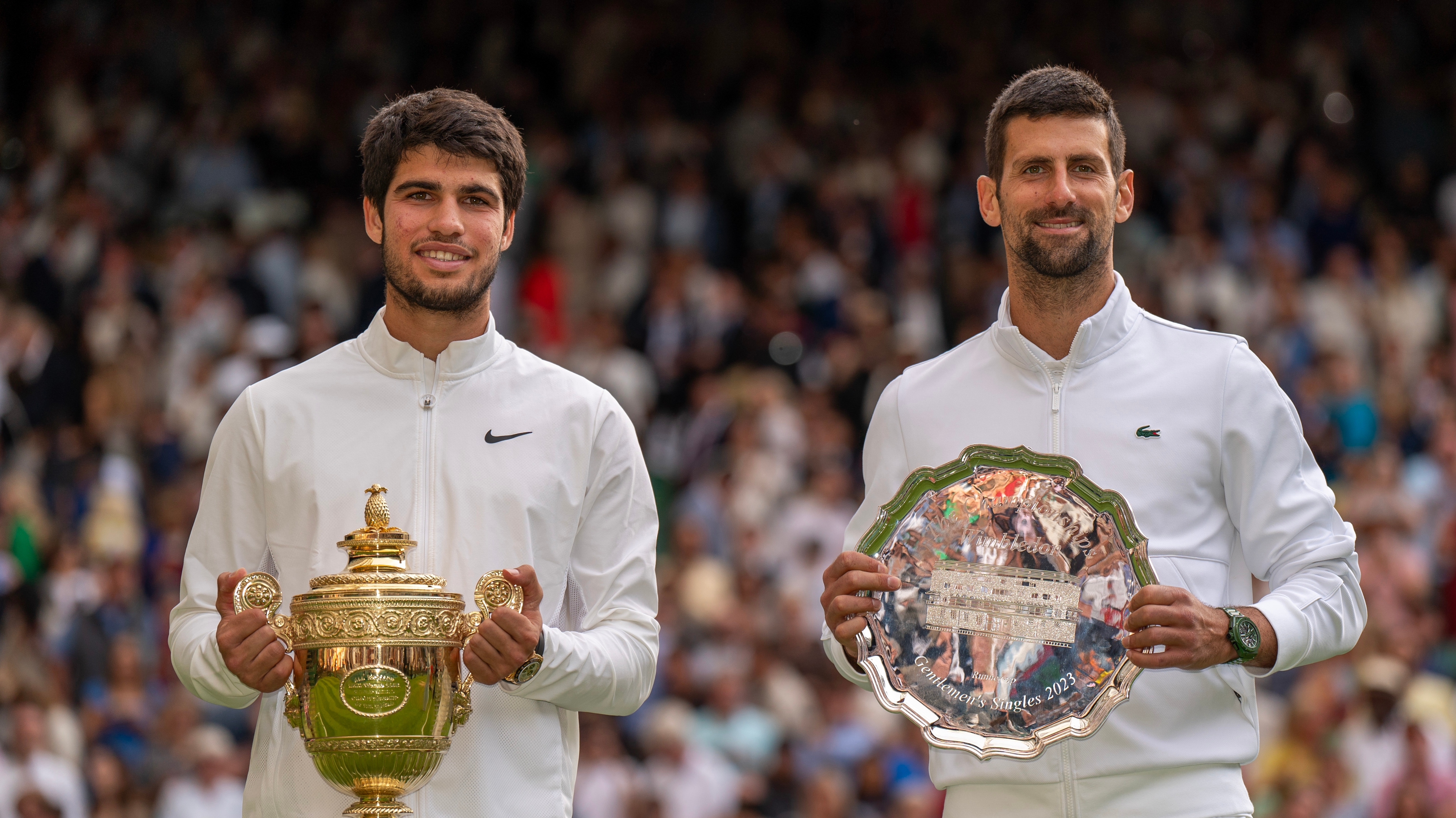 Carlos Alcaraz and Novak Djokovic at Wimbledon in 2023