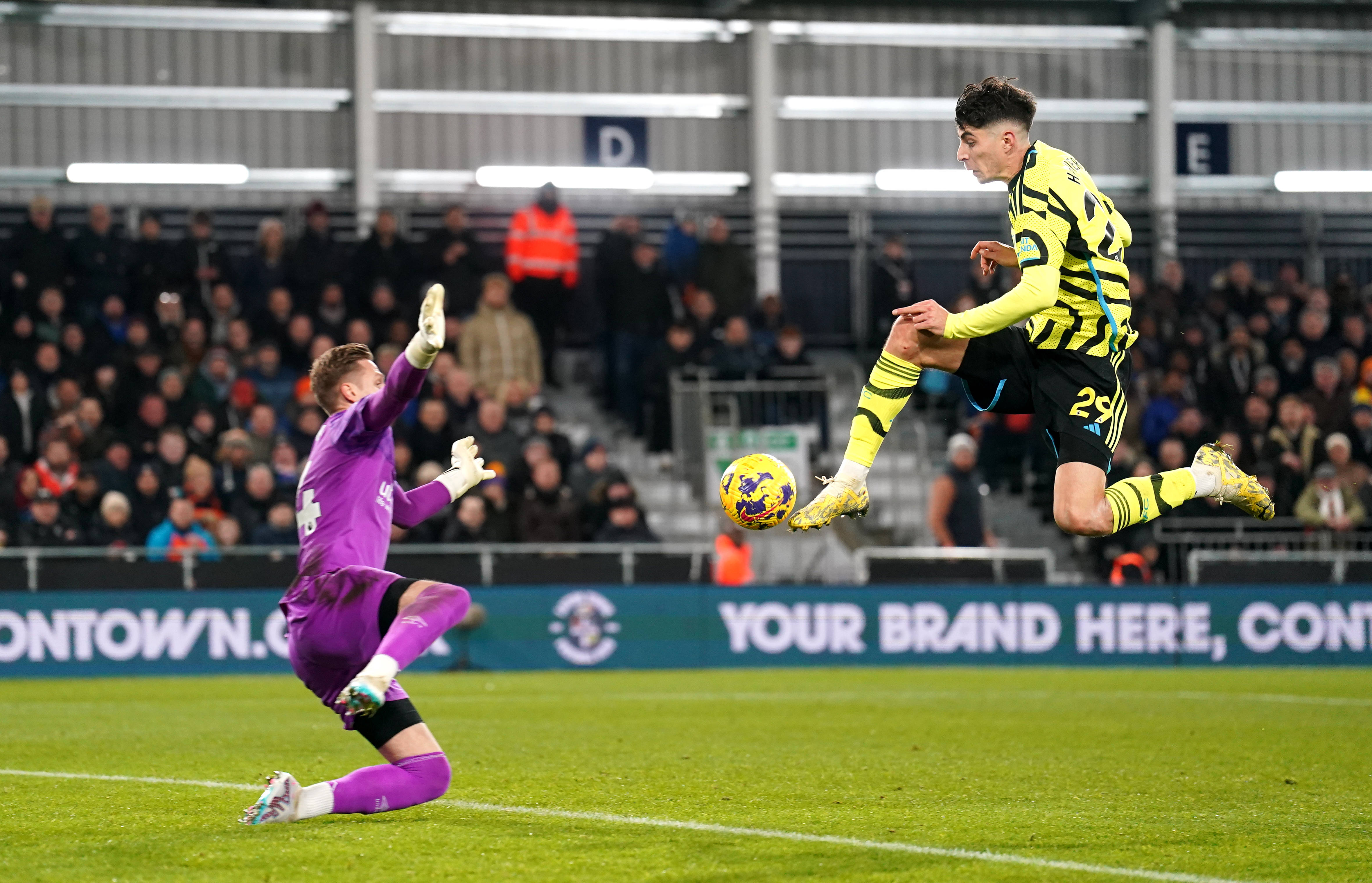 Kai Havertz pictured (right) scoring for Arsenal in a 4-3 win at Luton Town in December 2023