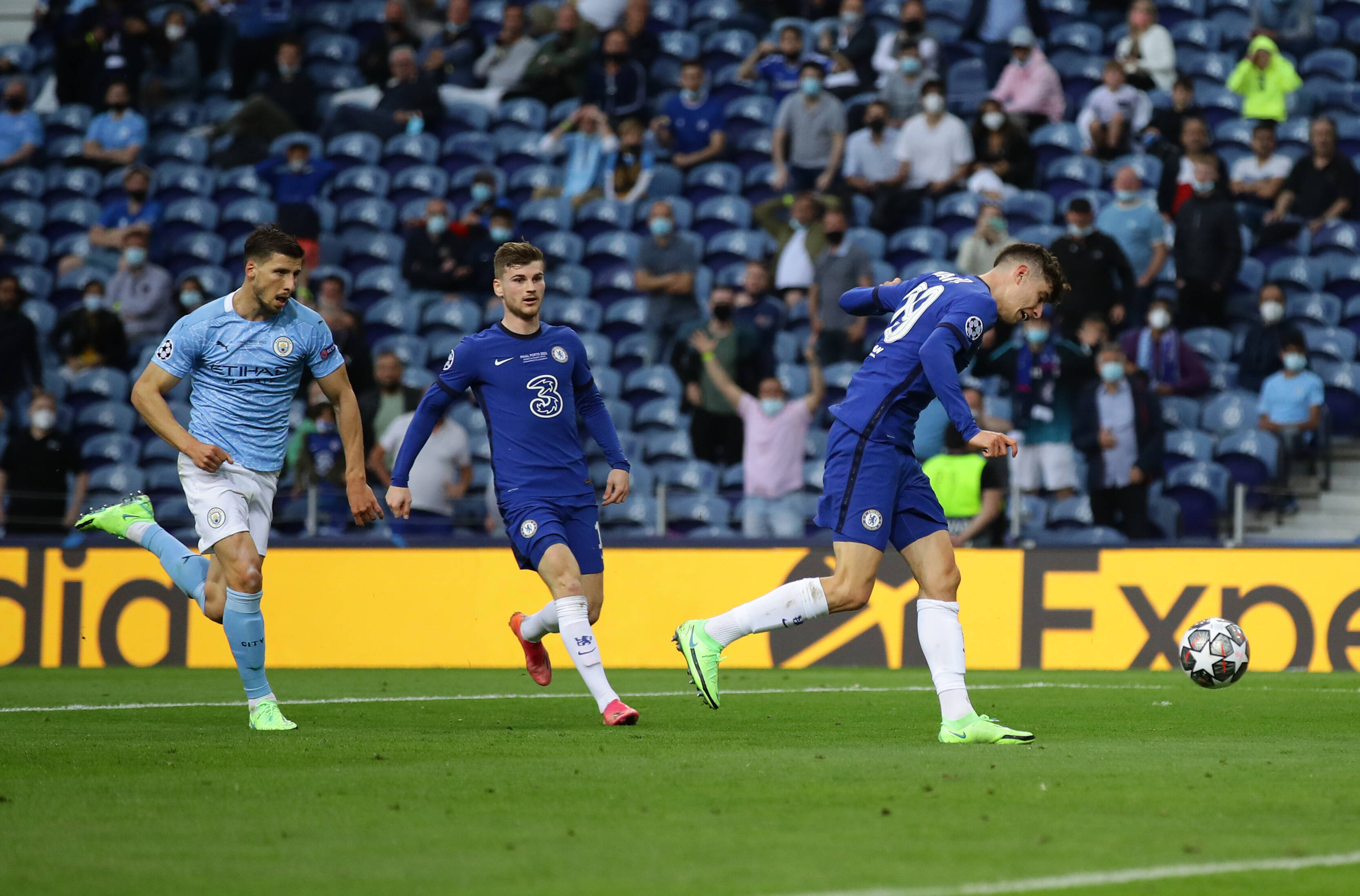 Kai Havertz pictured (right) scoring the winning goal for Chelsea against Manchester City in the 2021 UEFA Champions League final