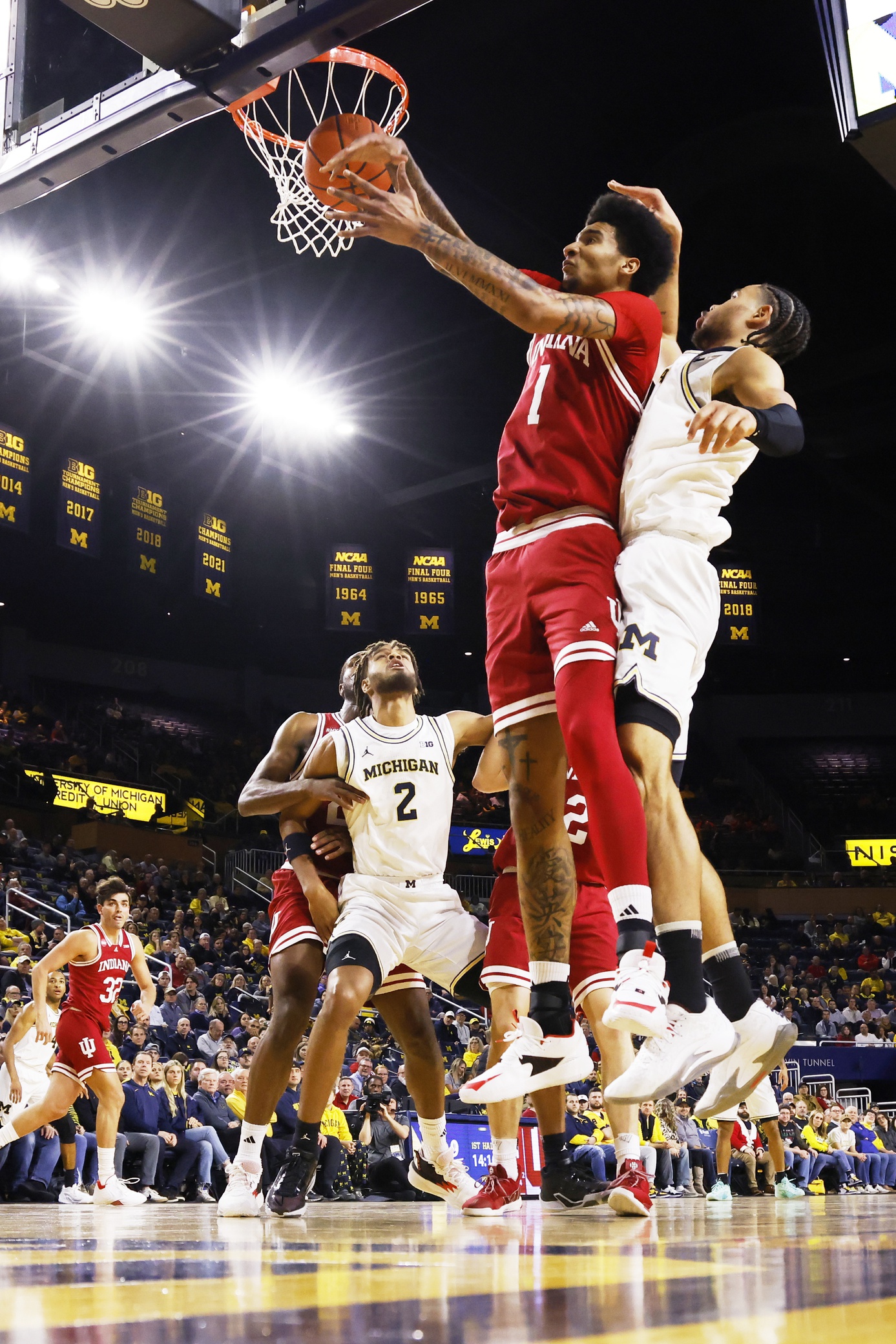 Indiana center Kel'el Ware (1) grabs the rebound in the first half against the Michigan Wolverines.