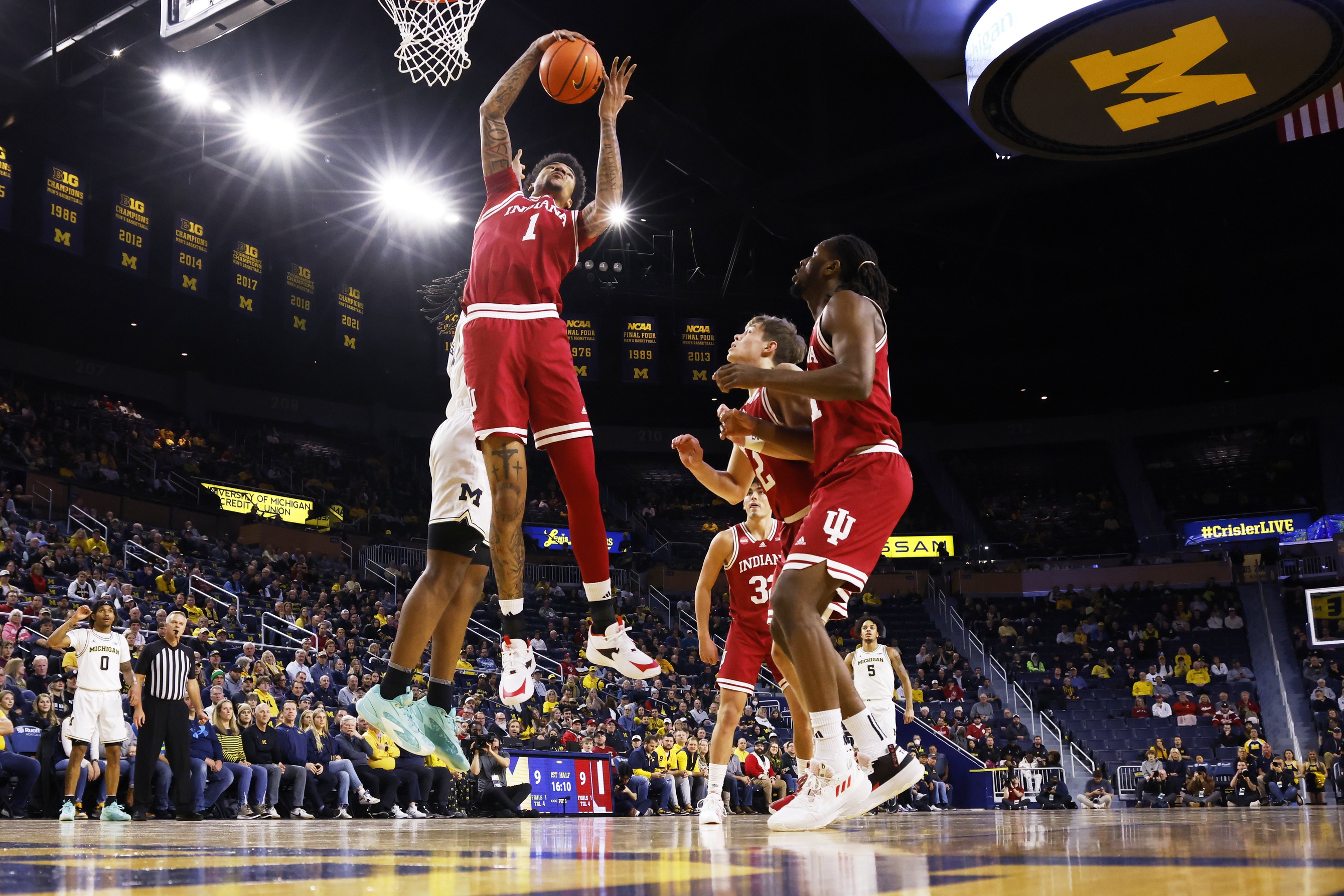 Indiana center Kel'el Ware (1) grabs the rebound in the first half against the Michigan Wolverines.  