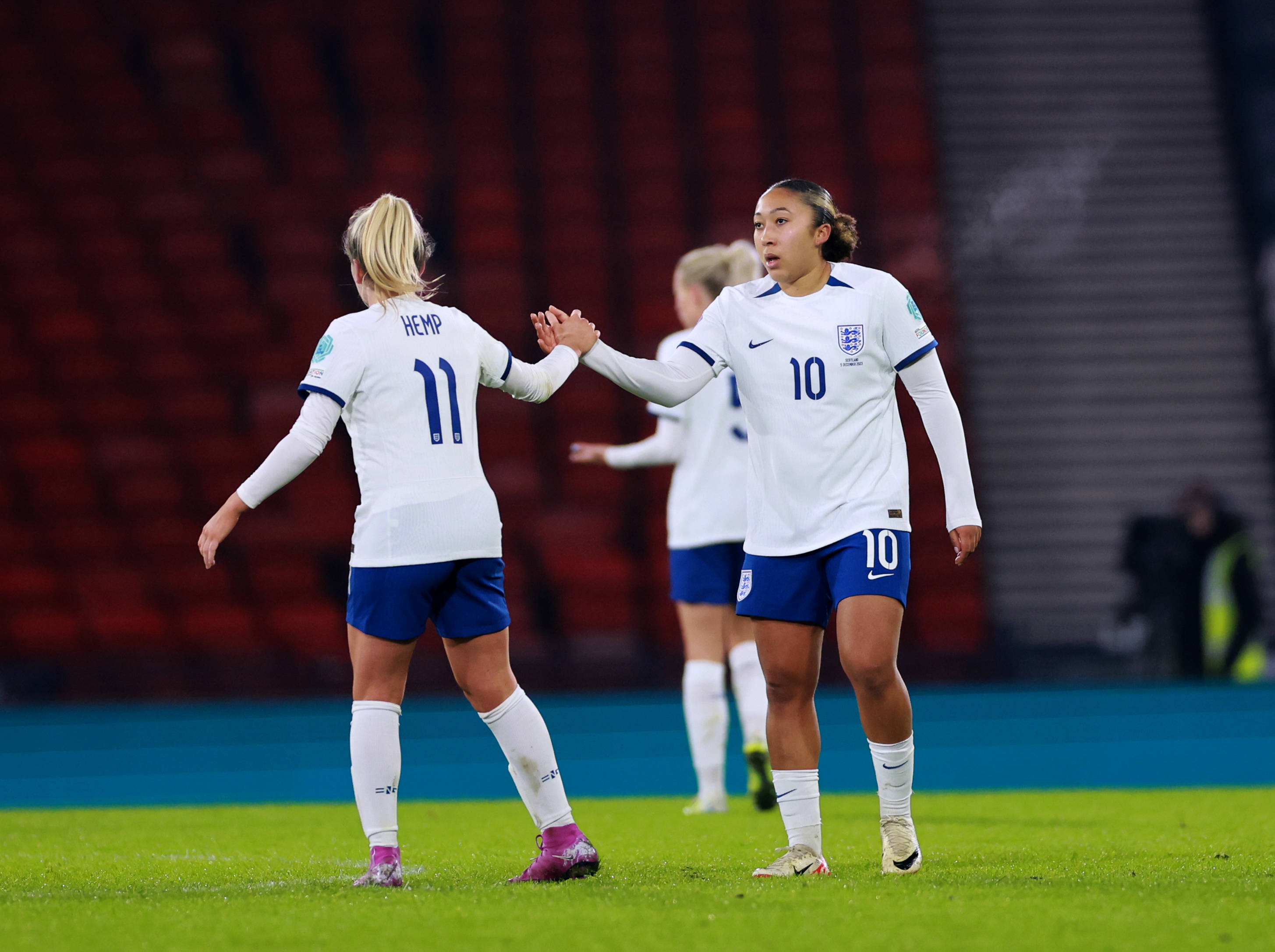 Lauren Hemp (left) and Lauren James pictured during England's 6-0 win over Scotland in December 2023