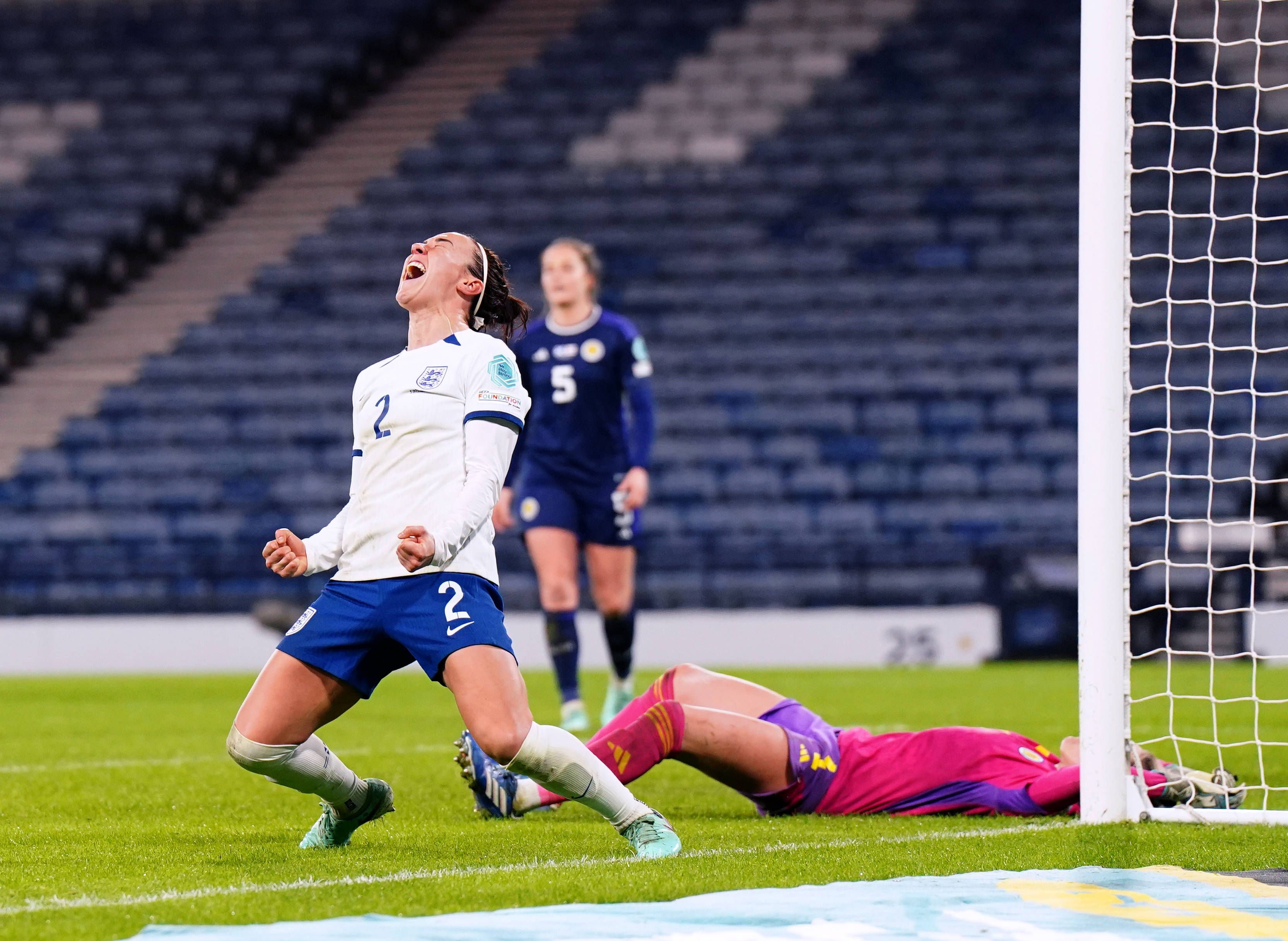 Lucy Bronze pictured celebrating after scoring England's sixth goal in a 6-0 win over Scotland in December 2023