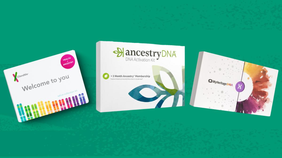 A green background with the 23andMe DNA test, the AncestryDNA test, and the MyHertiage DNA test.