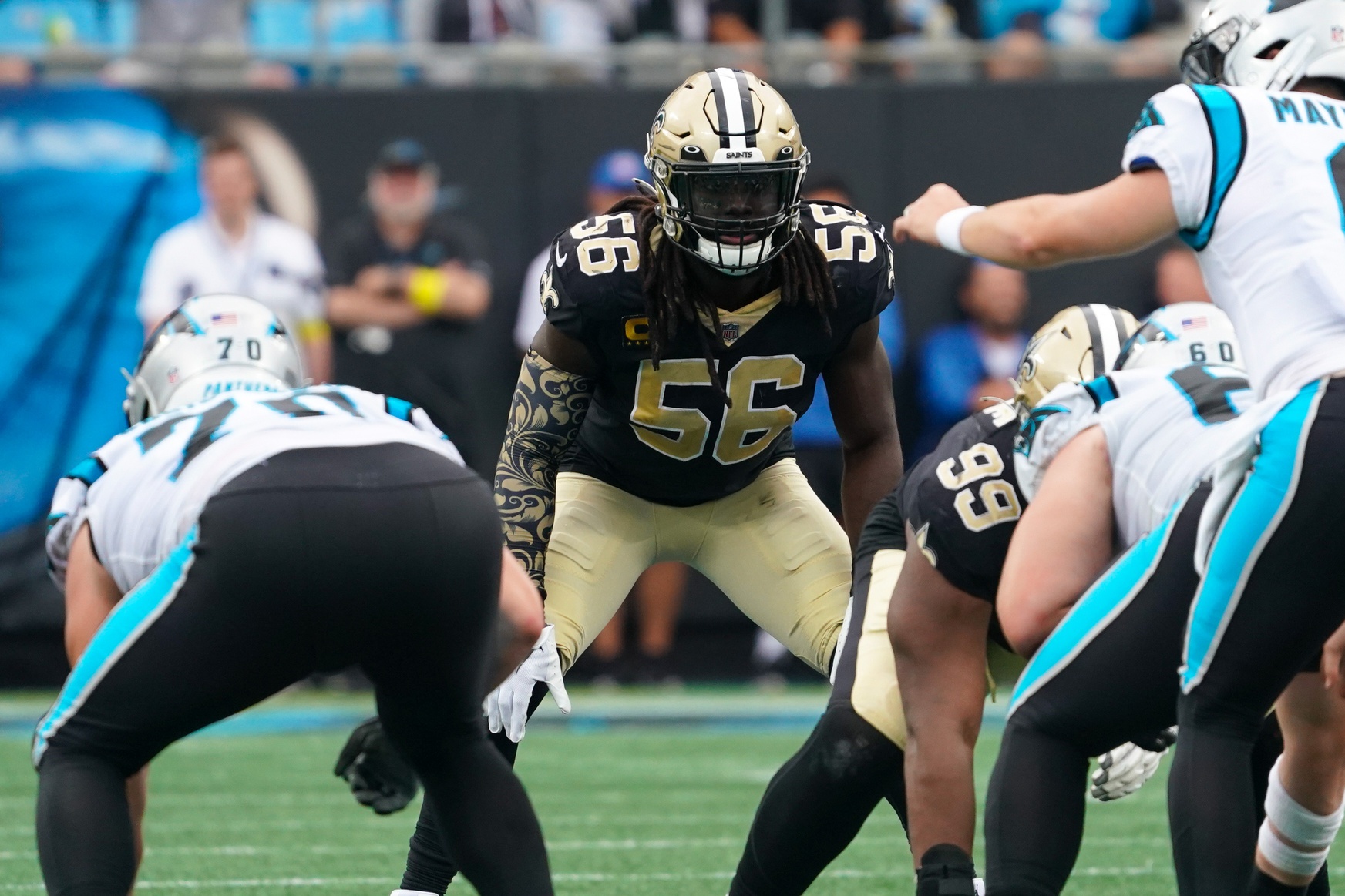 New Orleans Saints linebacker Demario Davis (56) gets ready for a play against the Carolina Panthers. Mandatory Credit: James Guillory-USA TODAY Sports