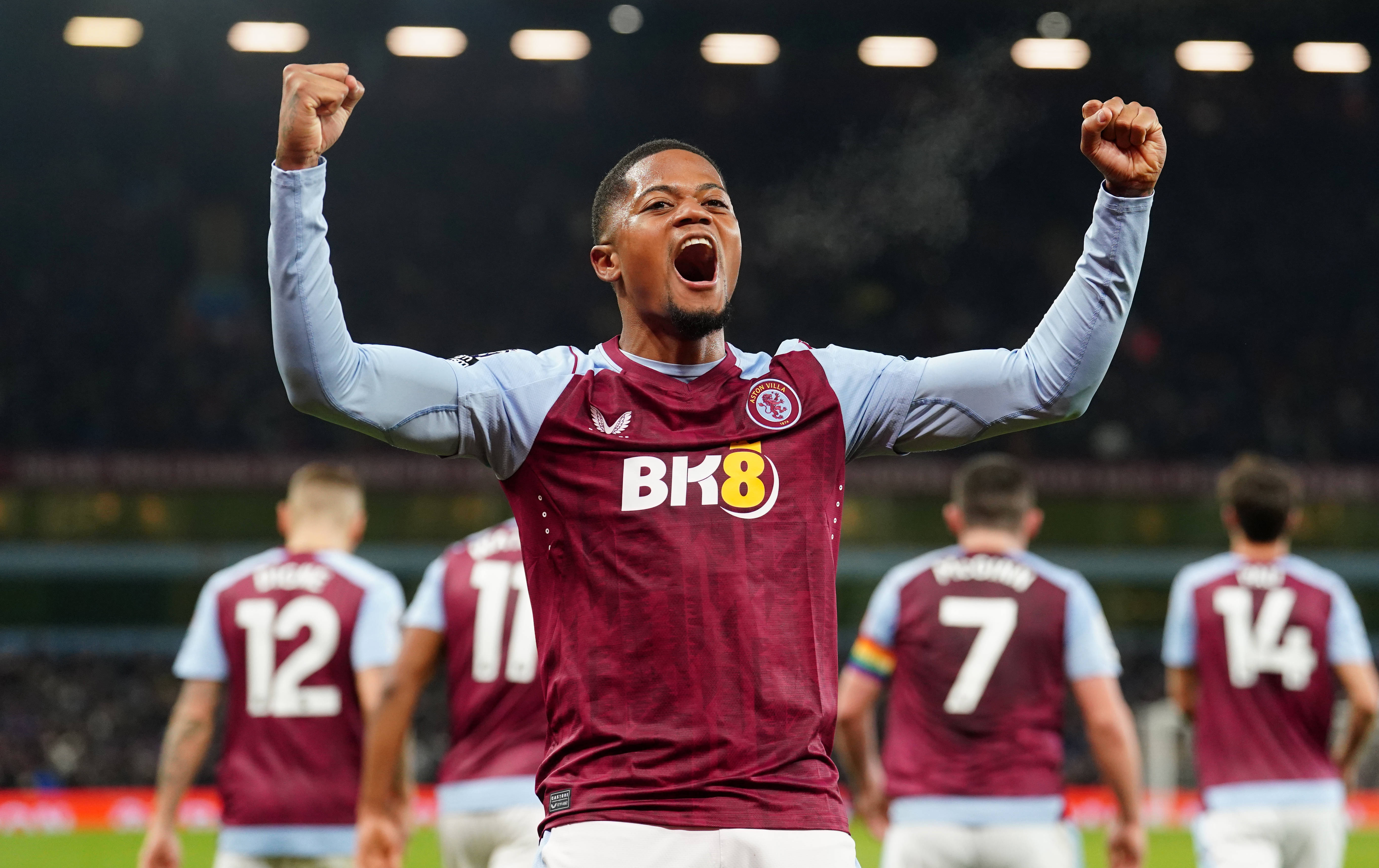 Leon Bailey pictured celebrating after scoring the winning goal for Aston Villa in a 1-0 victory over Manchester City in December 2023