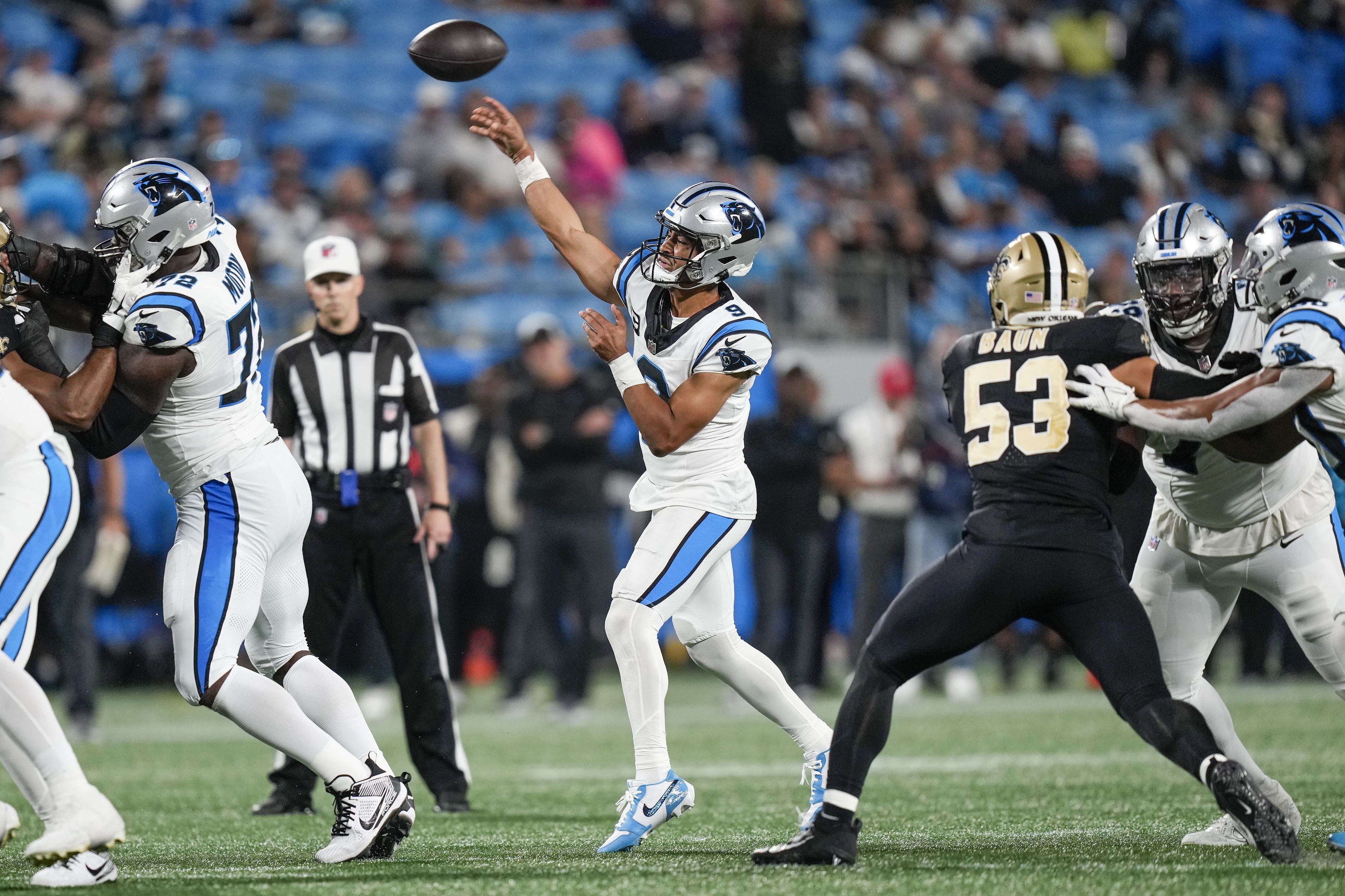 Carolina Panthers quarterback Bryce Young (9) throws against the New Orleans Saints. Mandatory Credit: Jim Dedmon-USA TODAY Sports