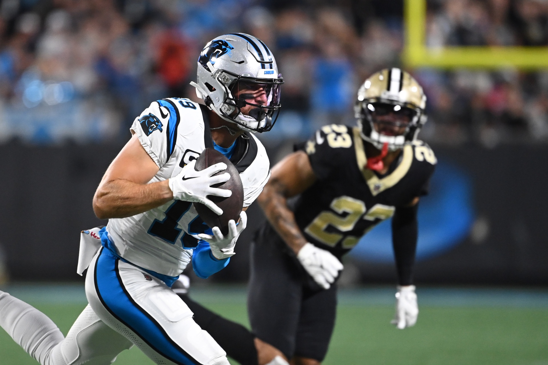 Carolina Panthers wide receiver Adam Thielen (19) with a catch as New Orleans Saints cornerback Marshon Lattimore (23) defends. Mandatory Credit: Bob Donnan-USA TODAY Sports