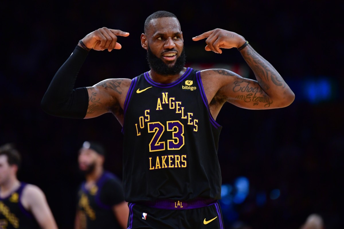 Los Angeles Lakers forward LeBron James celebrates a basket