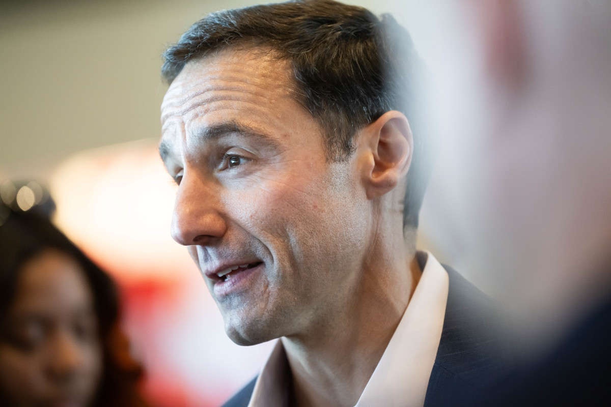 Nov 10, 2023; Cleveland, OH, USA; Cleveland Guardians president of baseball operations Chris Antonetti talks to the media during an introductory press conference for new manager Stephen Vogt at Progressive Field.