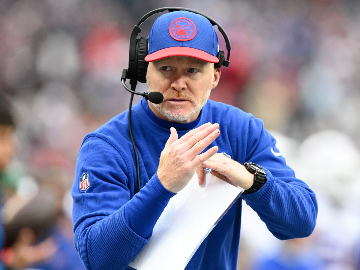 Buffalo Bills head coach Sean McDermott calls a time out during the second half of a game against the New England Patriots at Gillette Stadium.