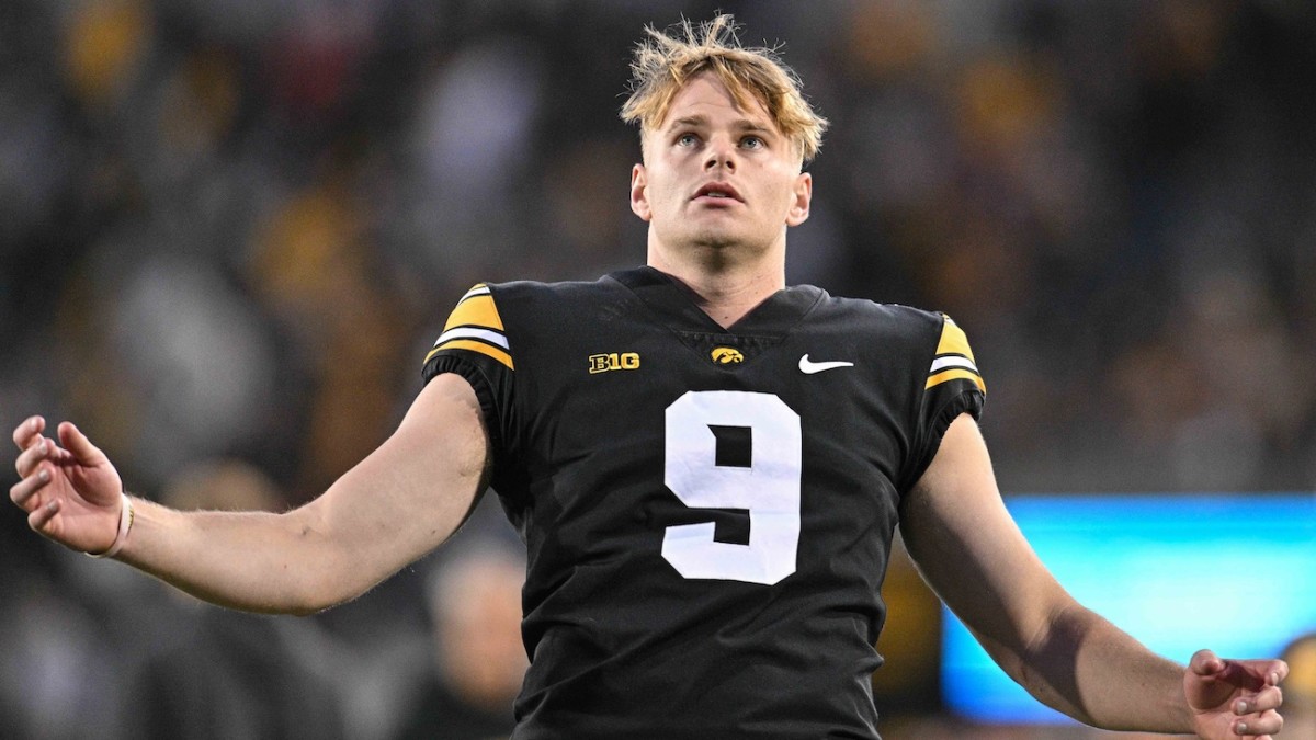 Nov 18, 2023; Iowa City, Iowa, USA; Iowa Hawkeyes punter Tory Taylor (9) looks on during the third quarter against the Illinois Fighting Illini at Kinnick Stadium. Mandatory Credit: Jeffrey Becker-USA TODAY Sports