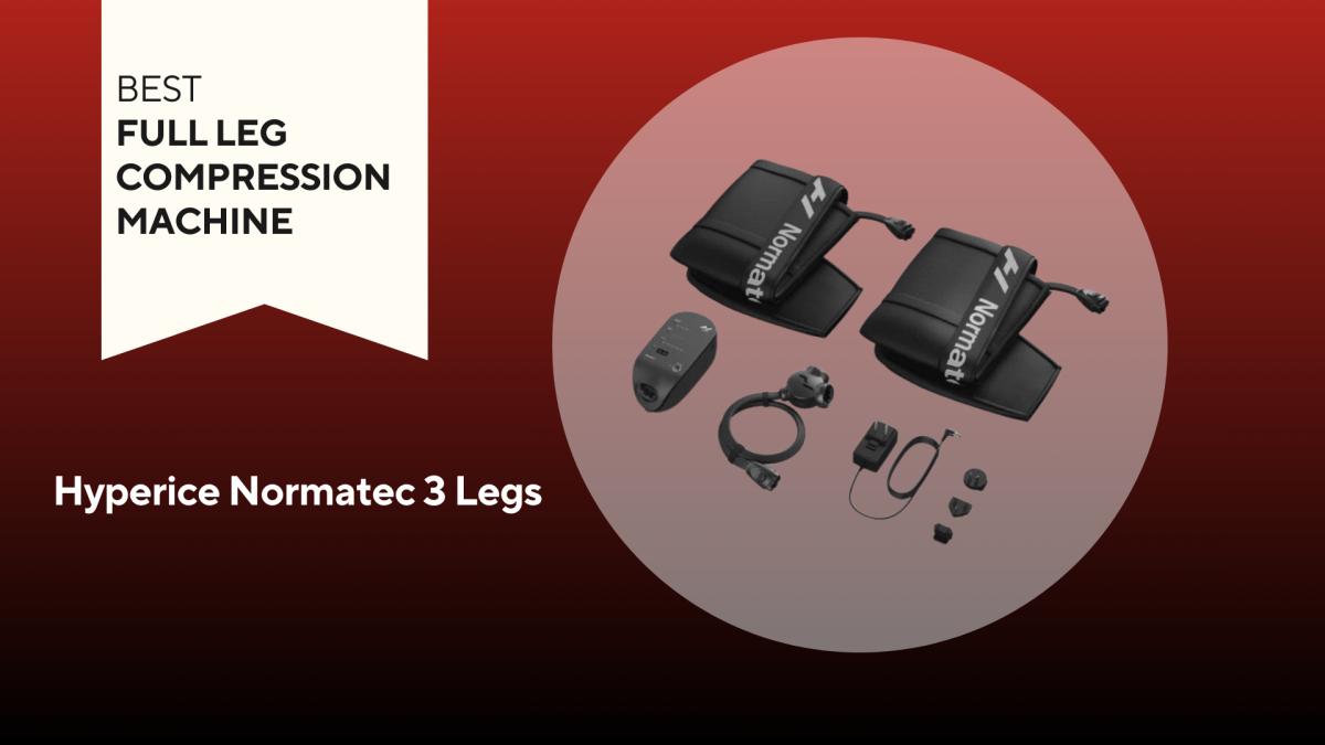 normatec 3 legs device, controller, cords, charging cable and outlet adaptors on red background