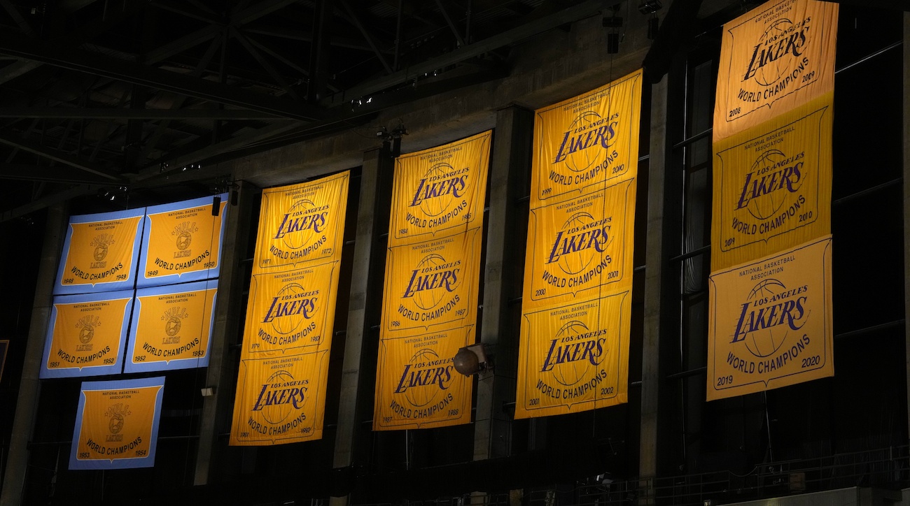 May 20, 2023; Los Angeles, California, USA; Minneapolis and Los Angeles Lakers NBA championship banners during game three of the Western Conference Finals for the 2023 NBA playoffs at Crypto.com Arena. Mandatory Credit: Kirby Lee-USA TODAY Sports