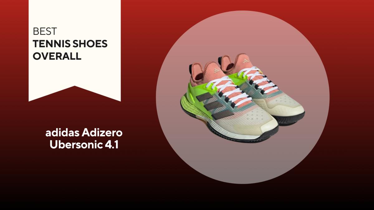 An image of pink and green adidas Adizero Ubersonic shoes against a red background.