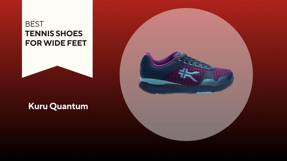 An image of a purple and blue Kuru Quantum shoe against a red background.
